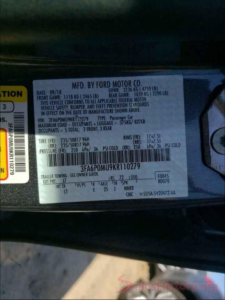 3FA6P0MU9KR110279 2019 FORD FUSION