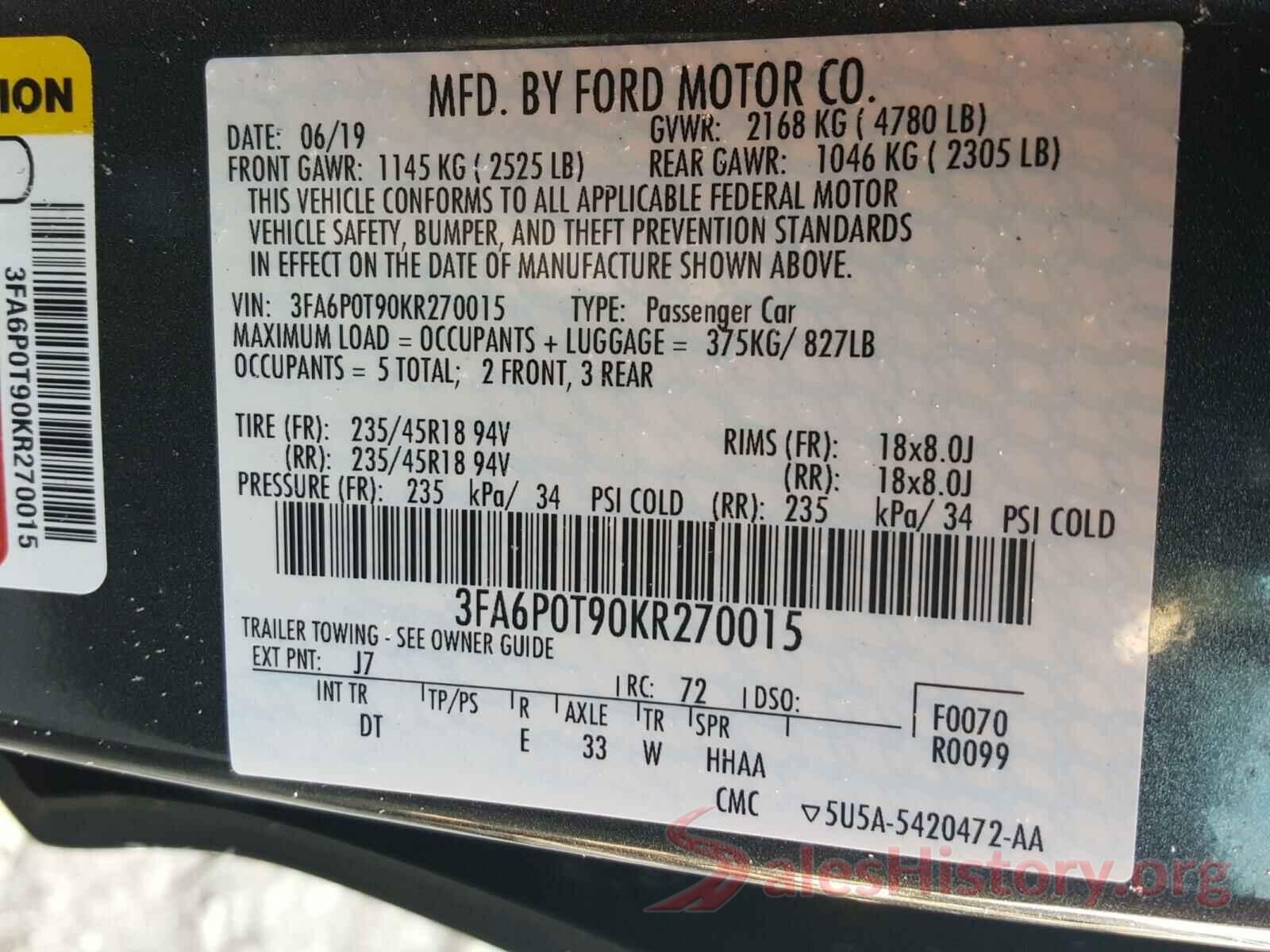 3FA6P0T90KR270015 2019 FORD FUSION