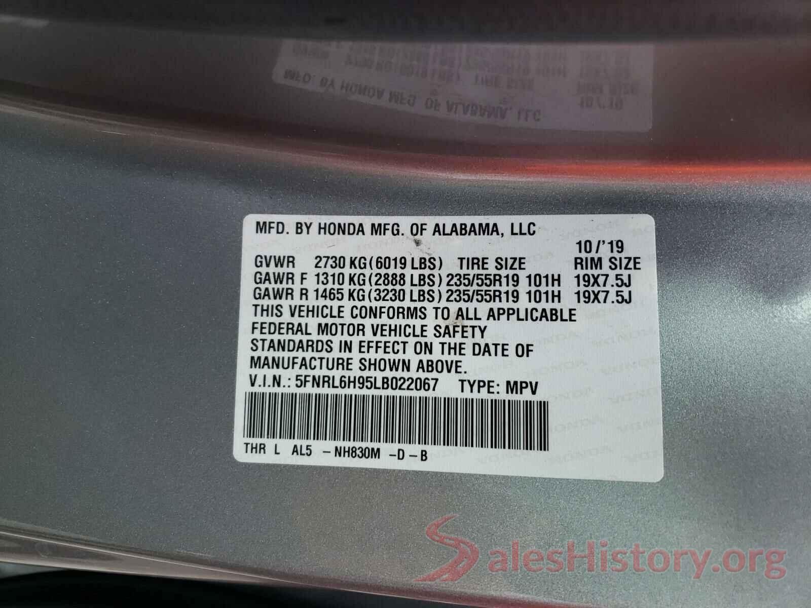 5FNRL6H95LB022067 2020 HONDA ODYSSEY