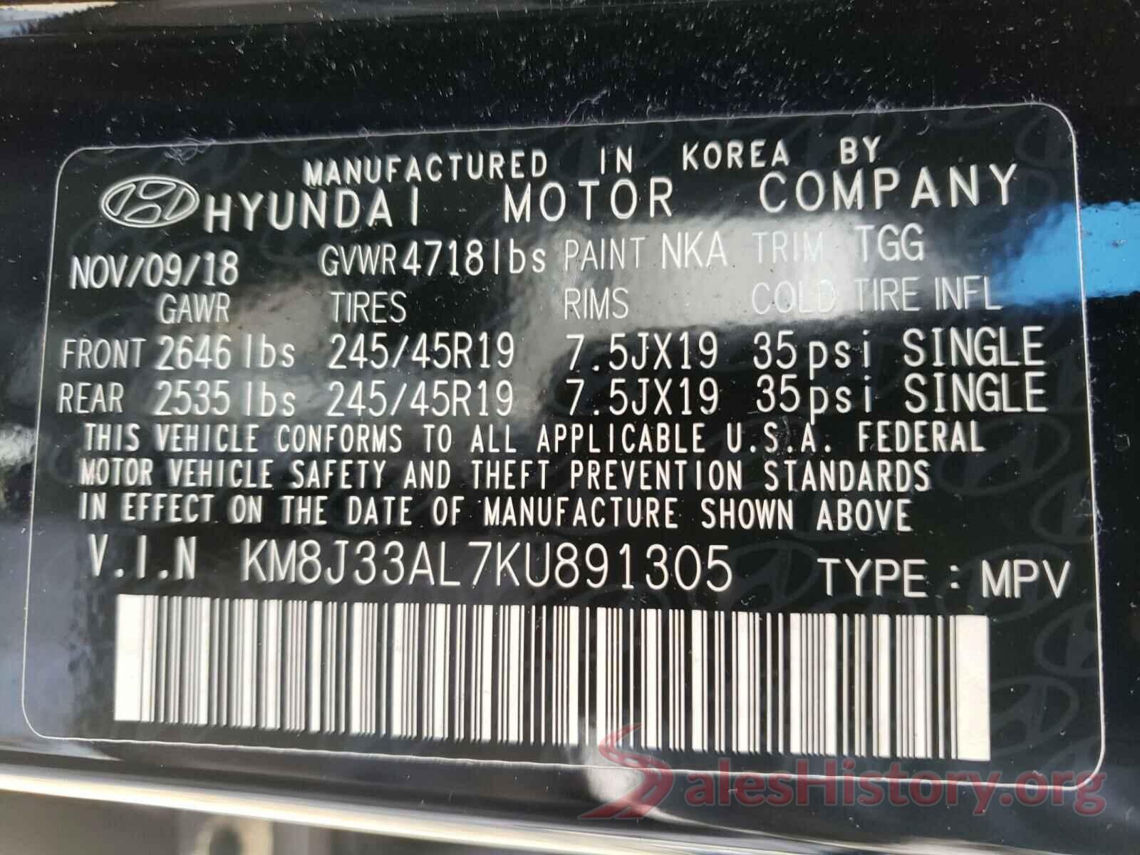 KM8J33AL7KU891305 2019 HYUNDAI TUCSON