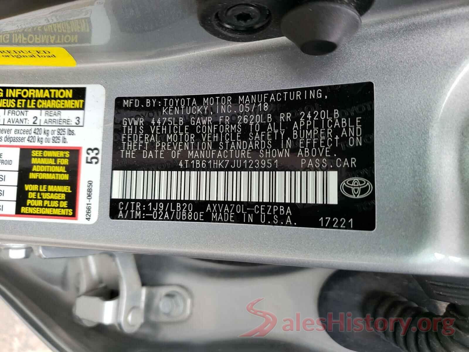 4T1B61HK7JU123951 2018 TOYOTA CAMRY