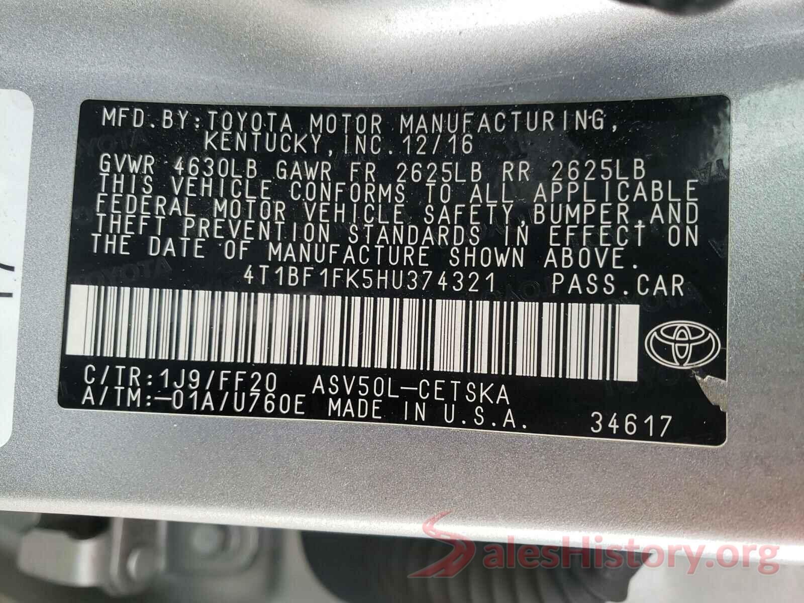 4T1BF1FK5HU374321 2017 TOYOTA CAMRY