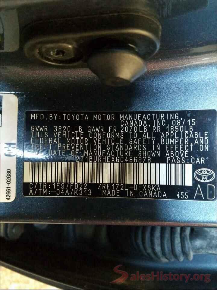 2T1BURHEXGC486978 2016 TOYOTA COROLLA