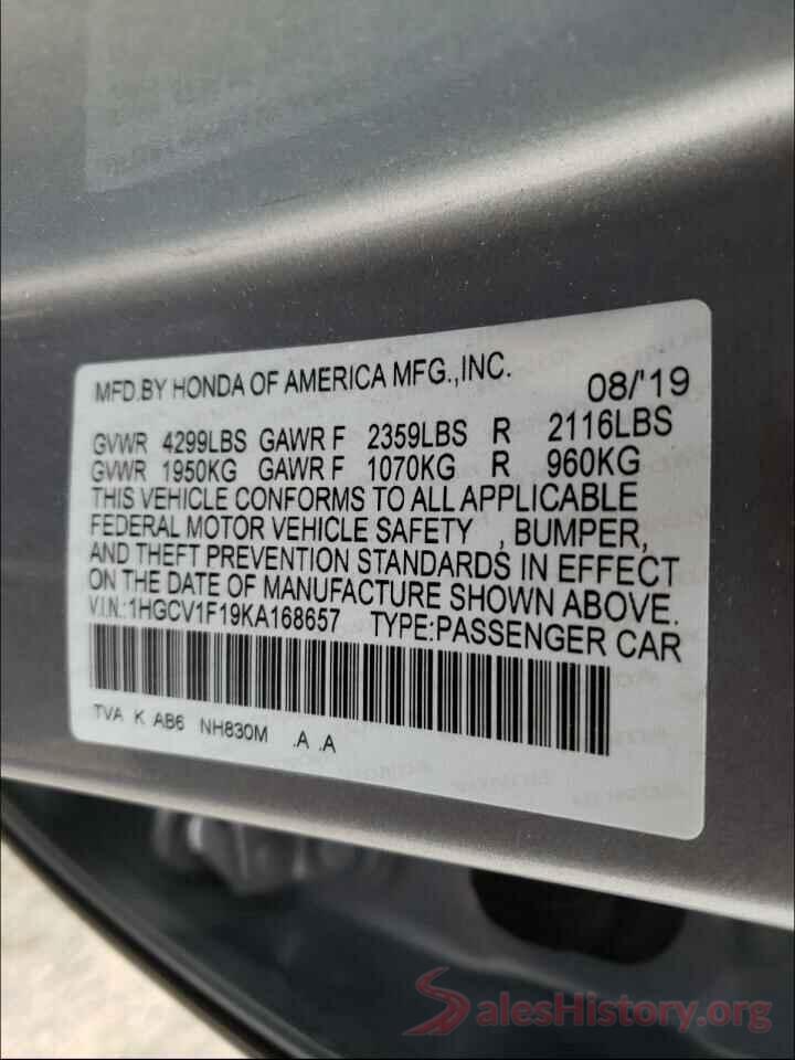 1HGCV1F19KA168657 2019 HONDA ACCORD