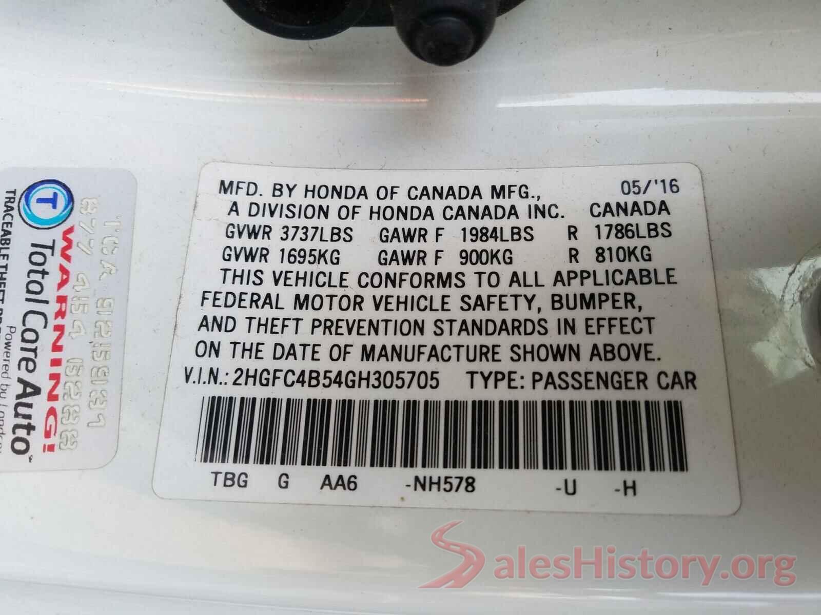 2HGFC4B54GH305705 2016 HONDA CIVIC