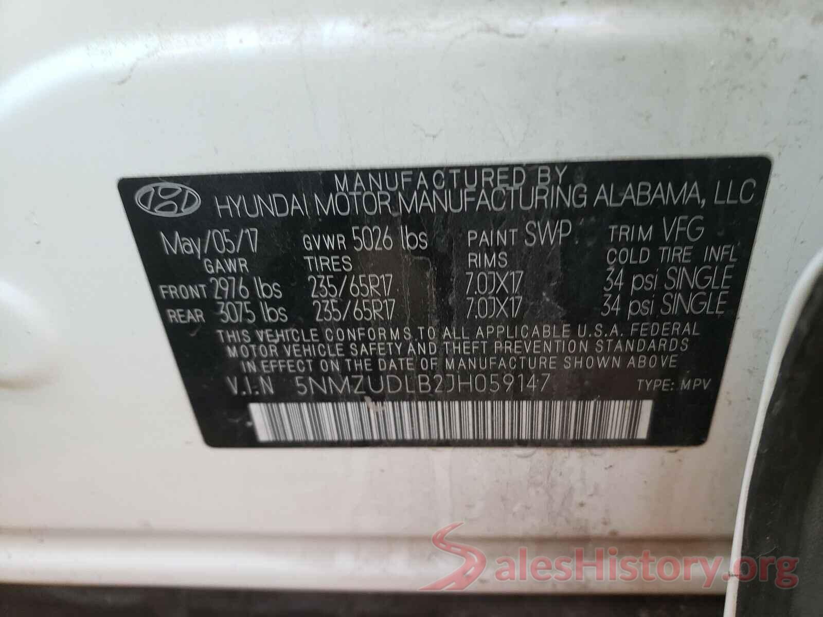 5NMZUDLB2JH059147 2018 HYUNDAI SANTA FE