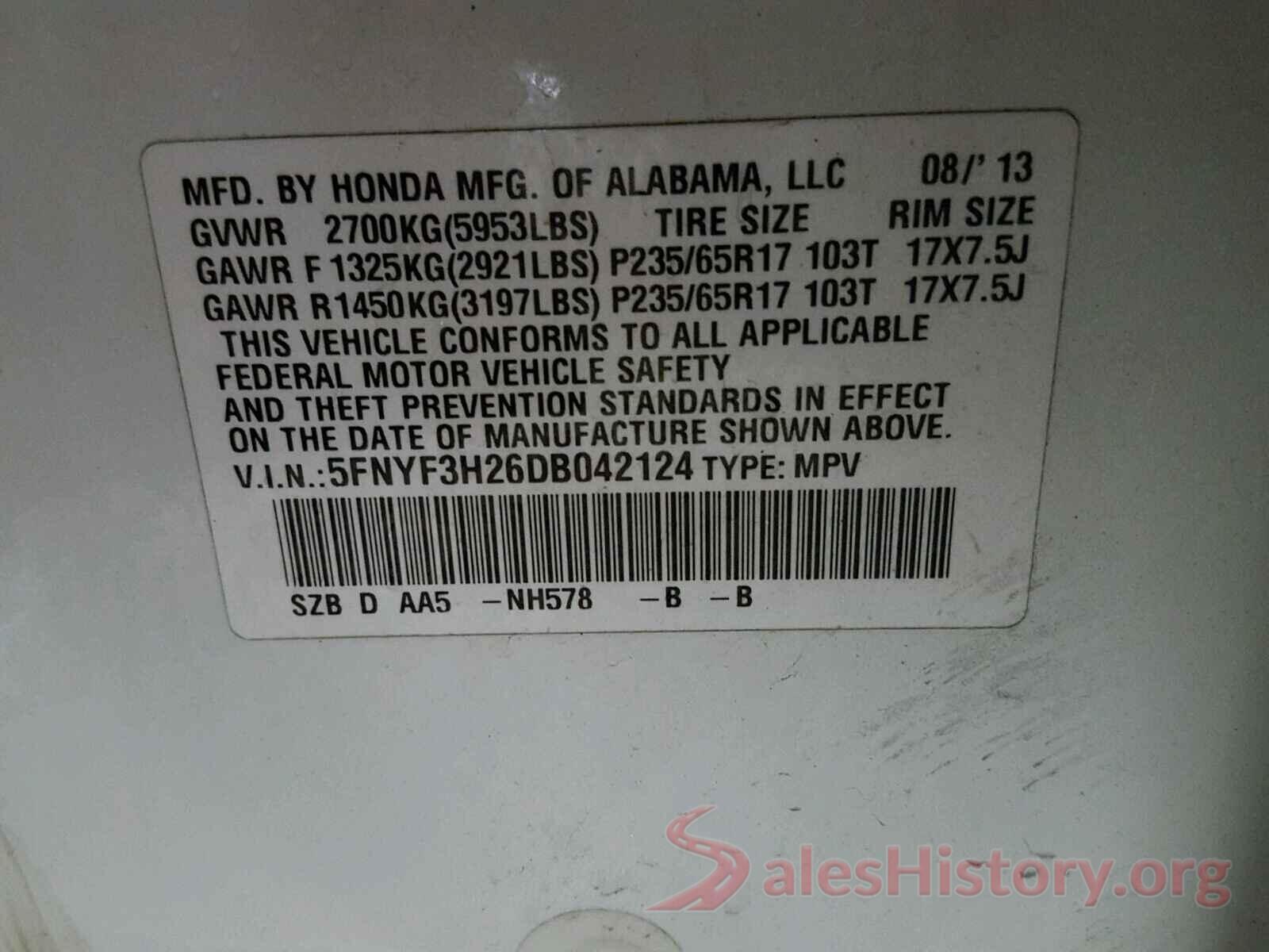 5TDBZRFH4KS977125 2013 HONDA PILOT