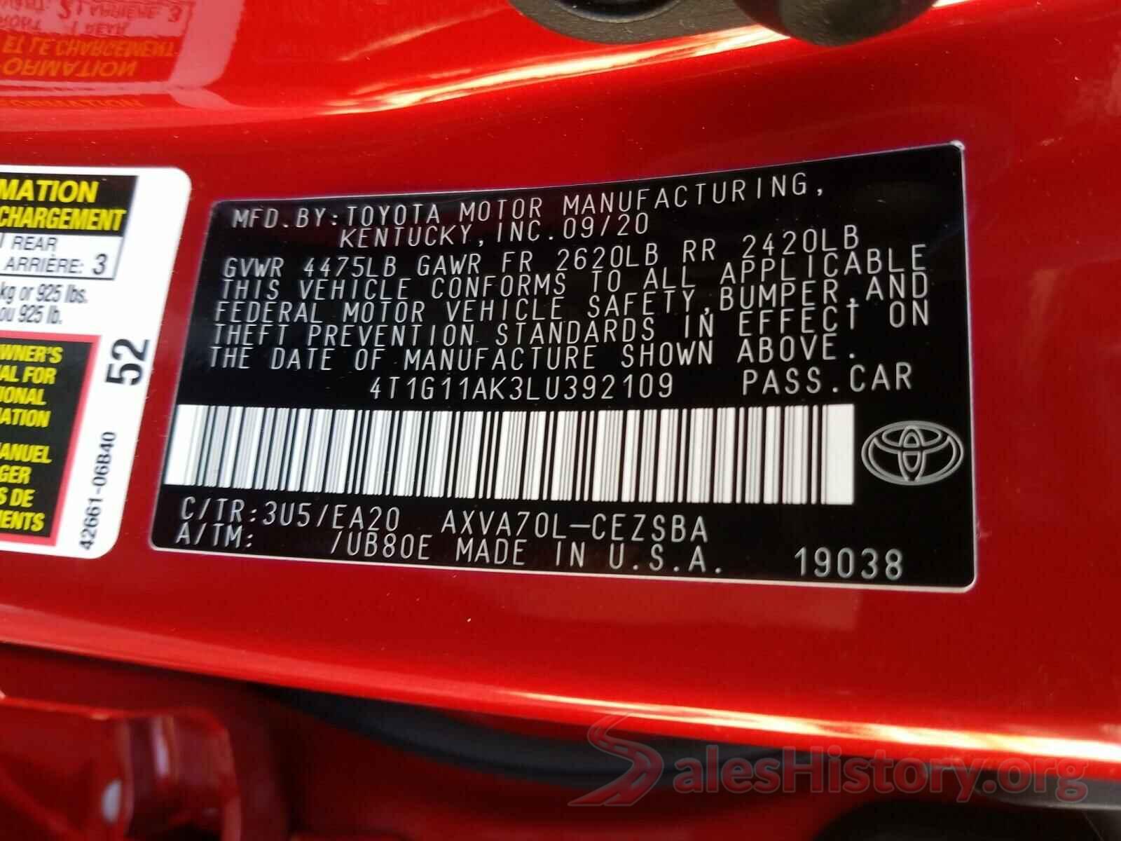 4T1G11AK3LU392109 2020 TOYOTA CAMRY