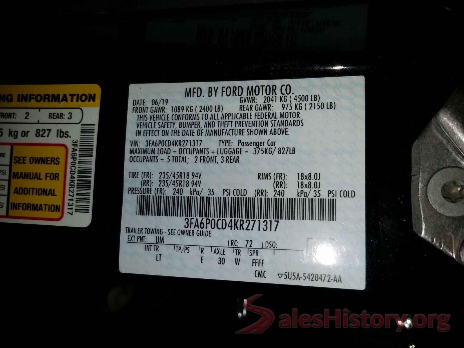 3FA6P0CD4KR271317 2019 FORD FUSION