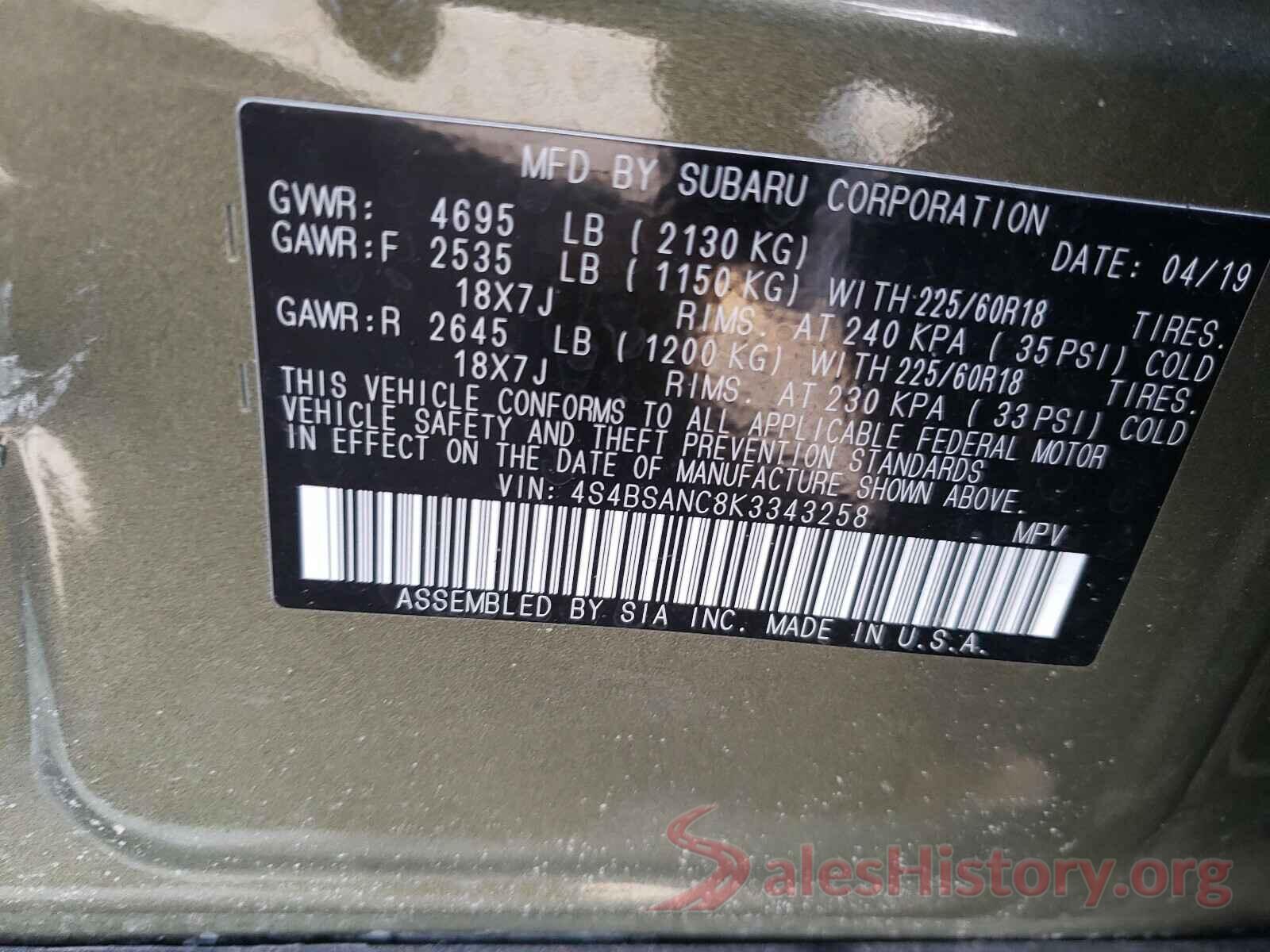 4S4BSANC8K3343258 2019 SUBARU OUTBACK