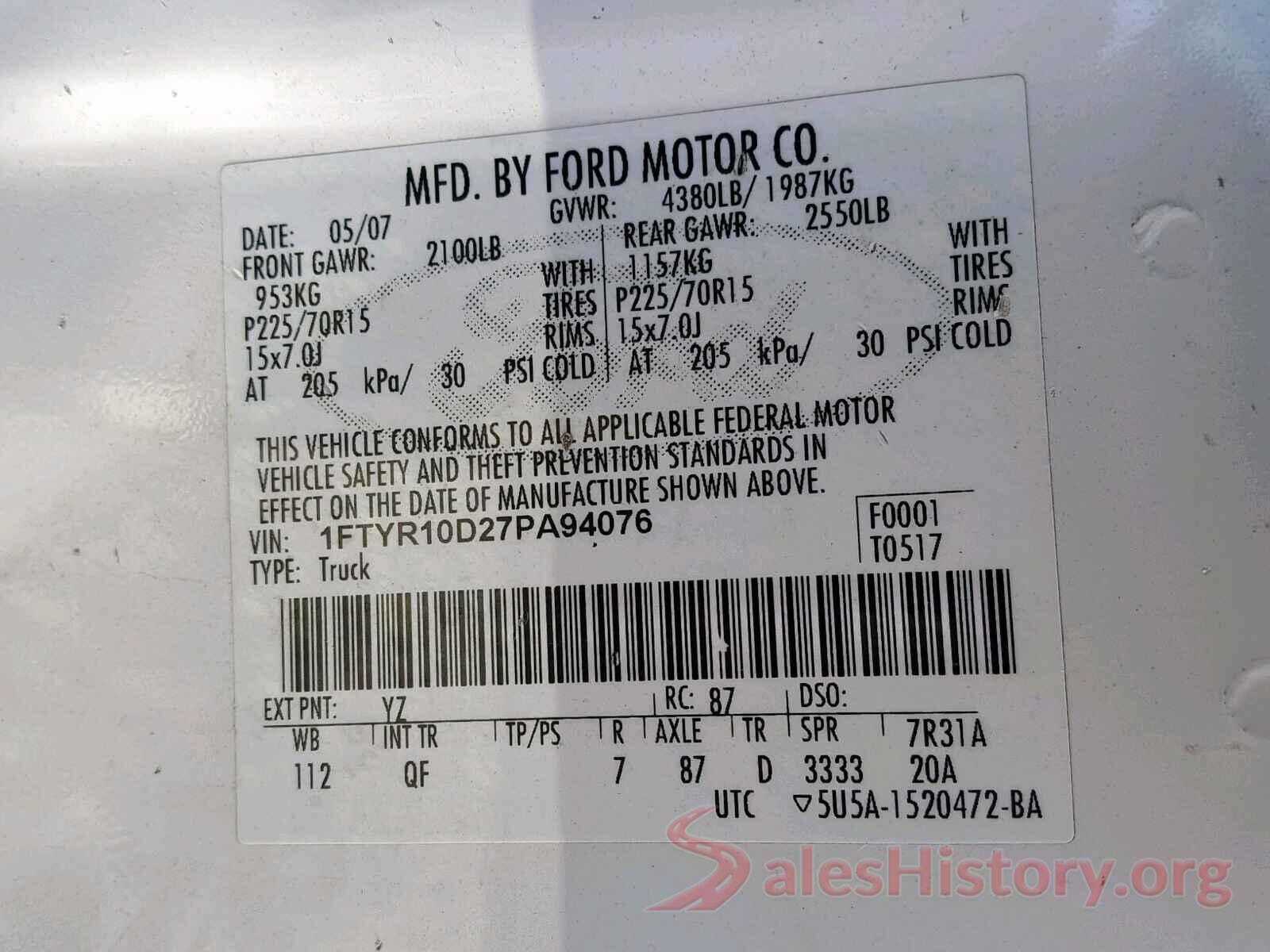 19XFC2F54GE068626 2007 FORD RANGER