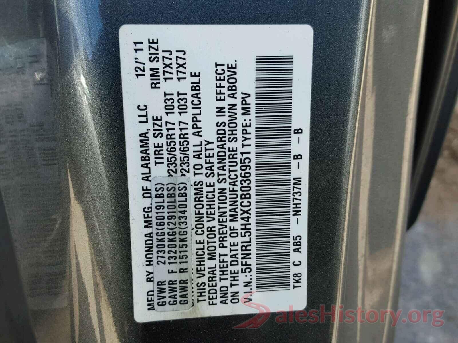 2T2HZMDA6LC213365 2012 HONDA ODYSSEY