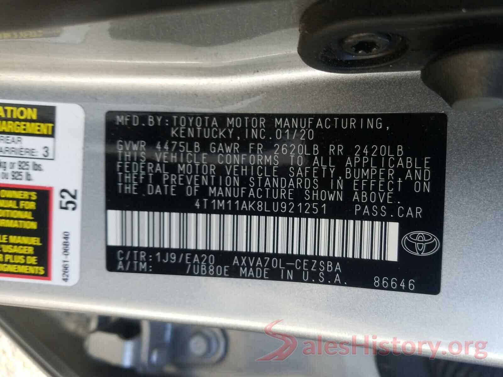 4T1M11AK8LU921251 2020 TOYOTA CAMRY