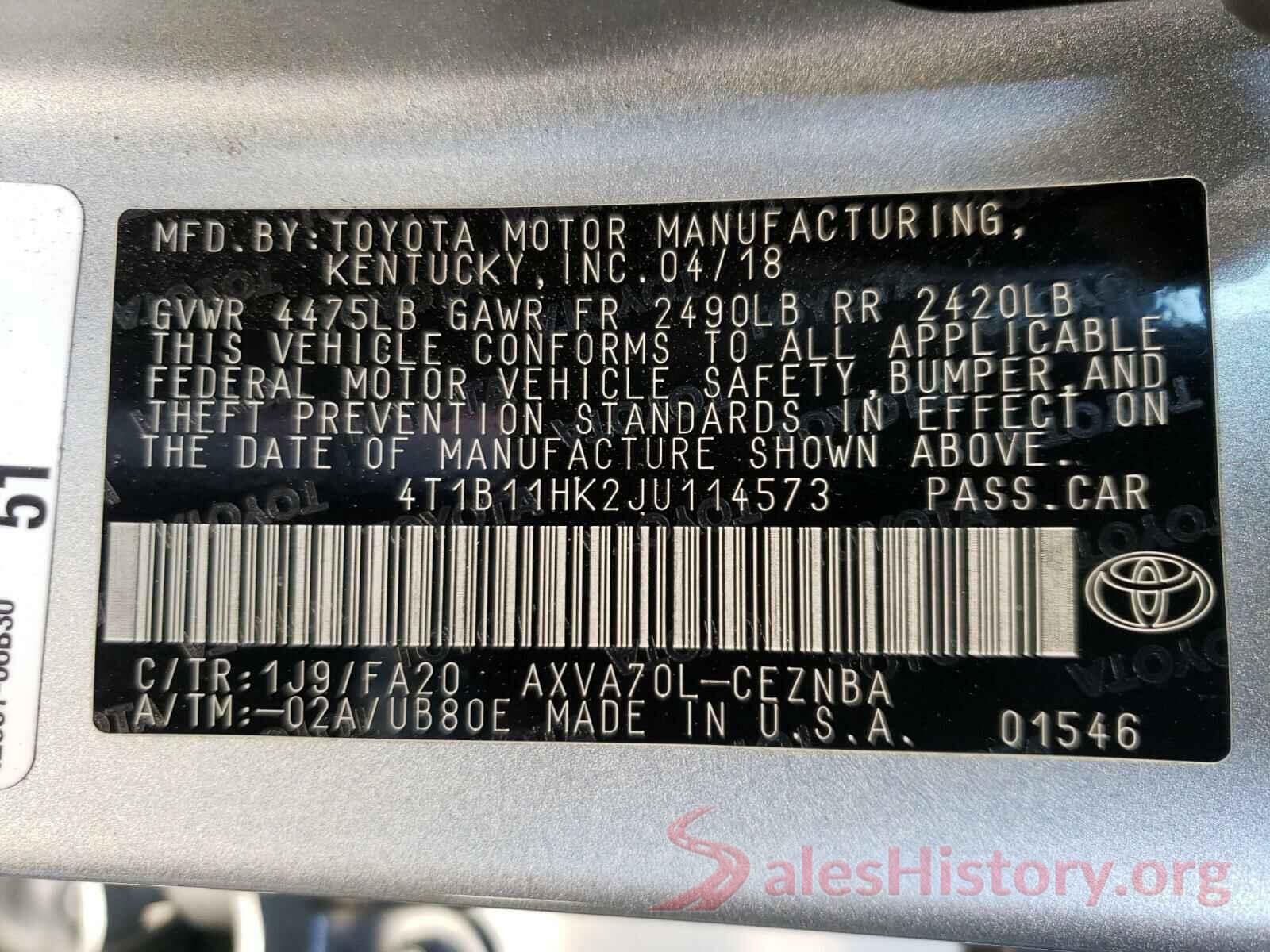 4T1B11HK2JU114573 2018 TOYOTA CAMRY