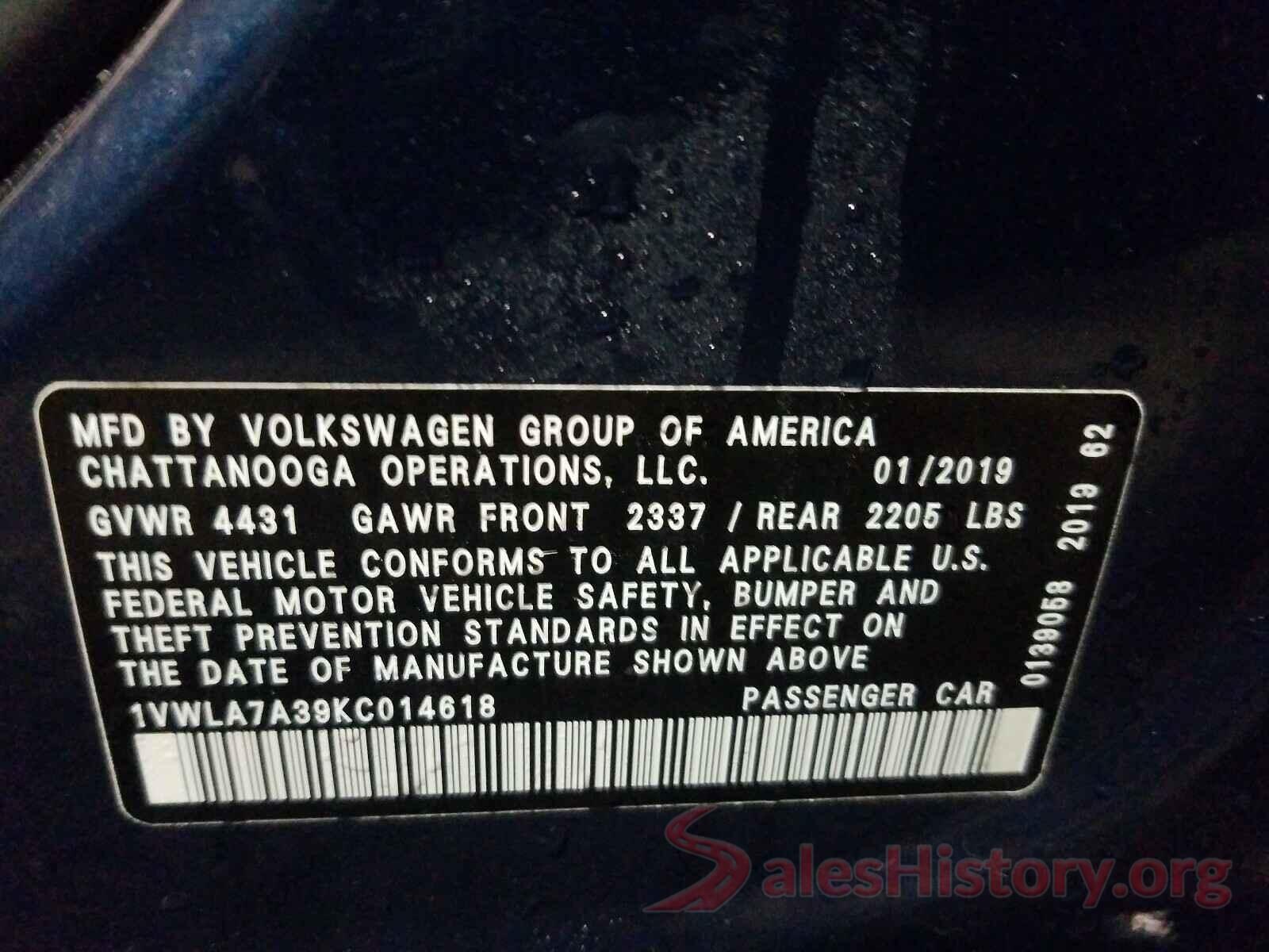 1VWLA7A39KC014618 2019 VOLKSWAGEN PASSAT