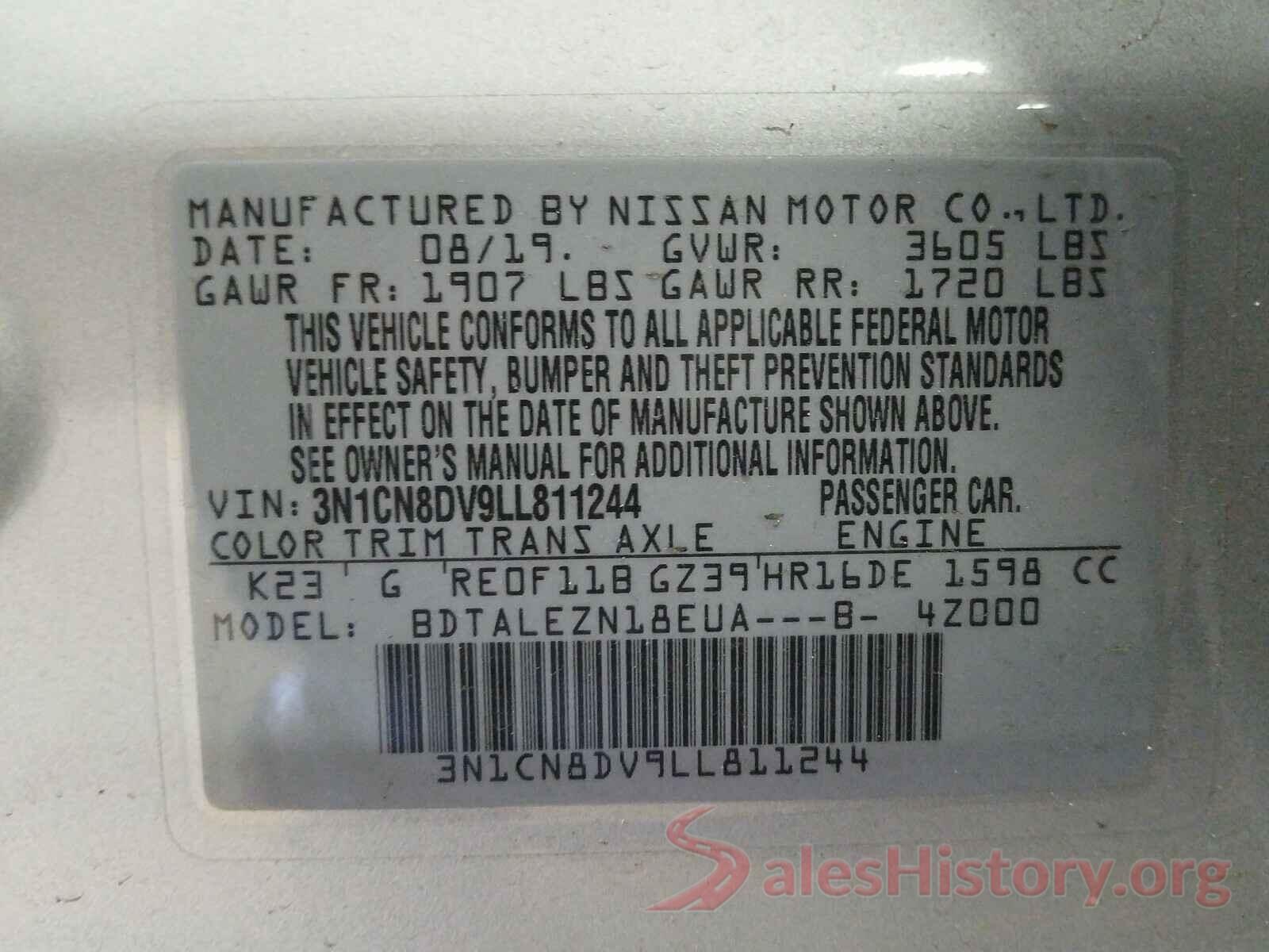 3N1CN8DV9LL811244 2020 NISSAN VERSA