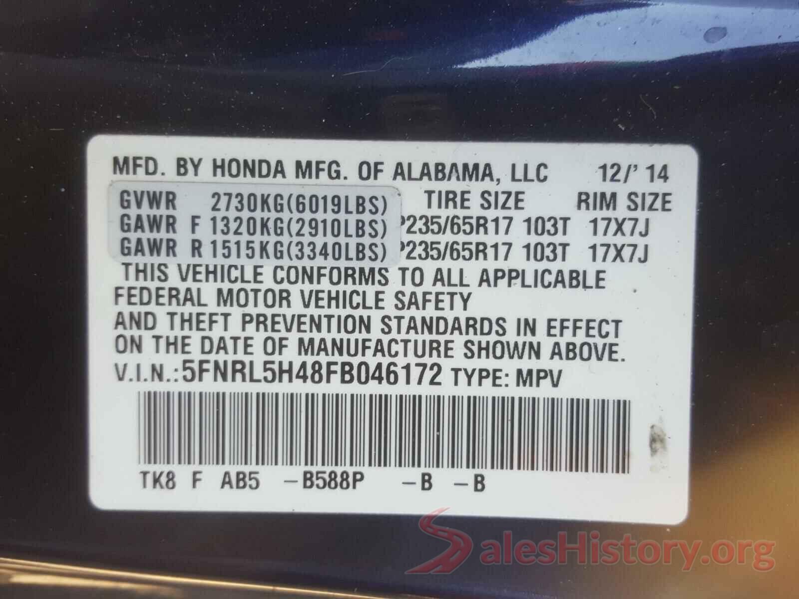 1HFTE2132L4405024 2015 HONDA ODYSSEY