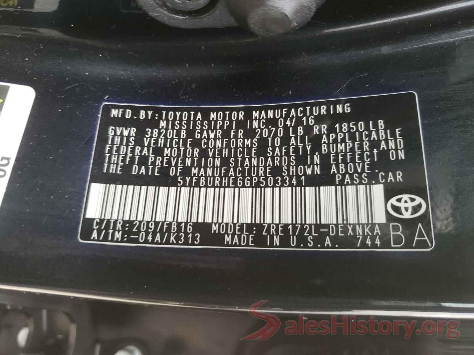 5YFBURHE6GP503341 2016 TOYOTA COROLLA