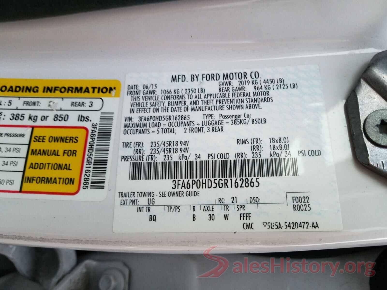 3FA6P0HD5GR162865 2016 FORD FUSION