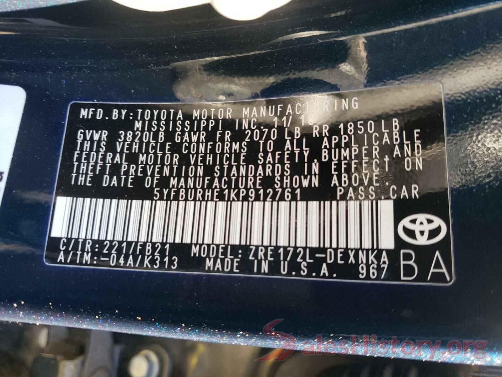 5YFBURHE1KP912761 2019 TOYOTA COROLLA