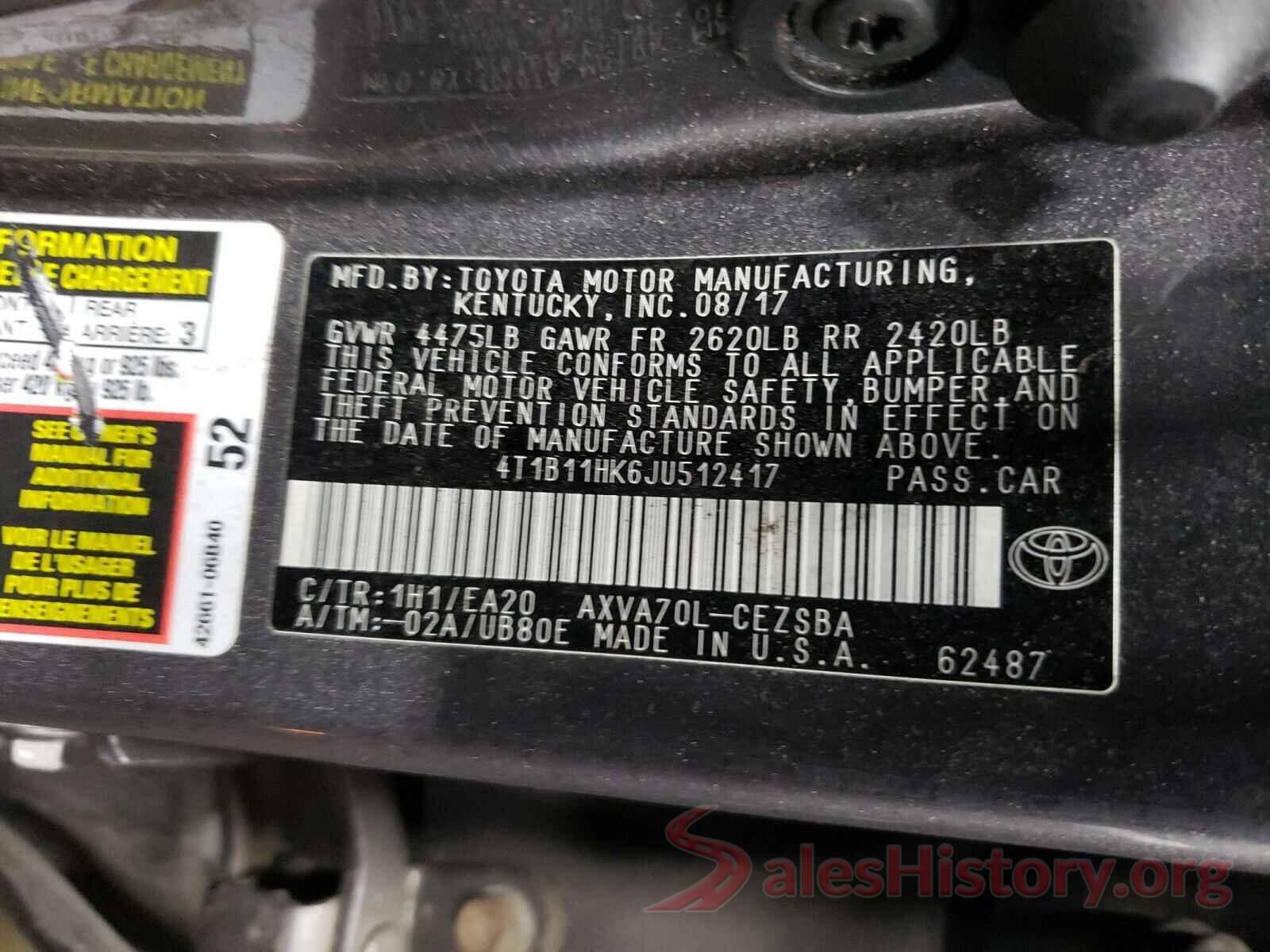 4T1B11HK6JU512417 2018 TOYOTA CAMRY