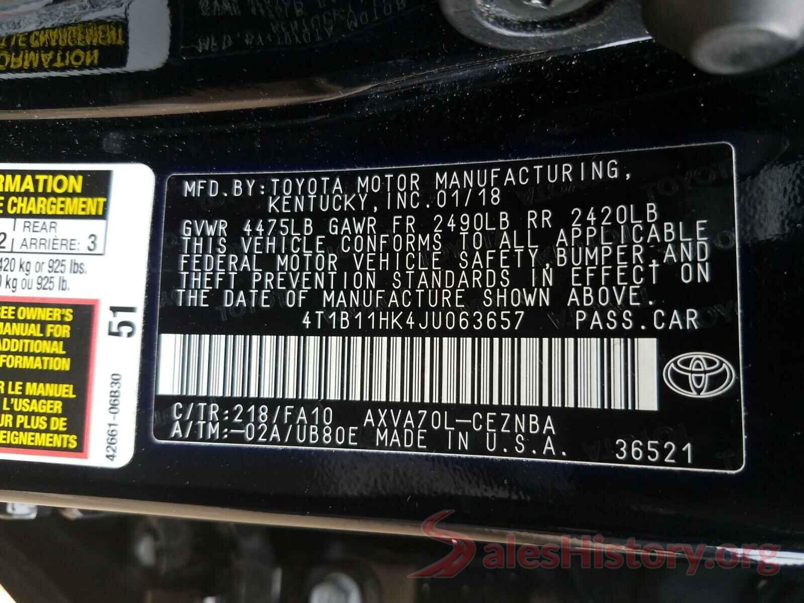 4T1B11HK4JU063657 2018 TOYOTA CAMRY