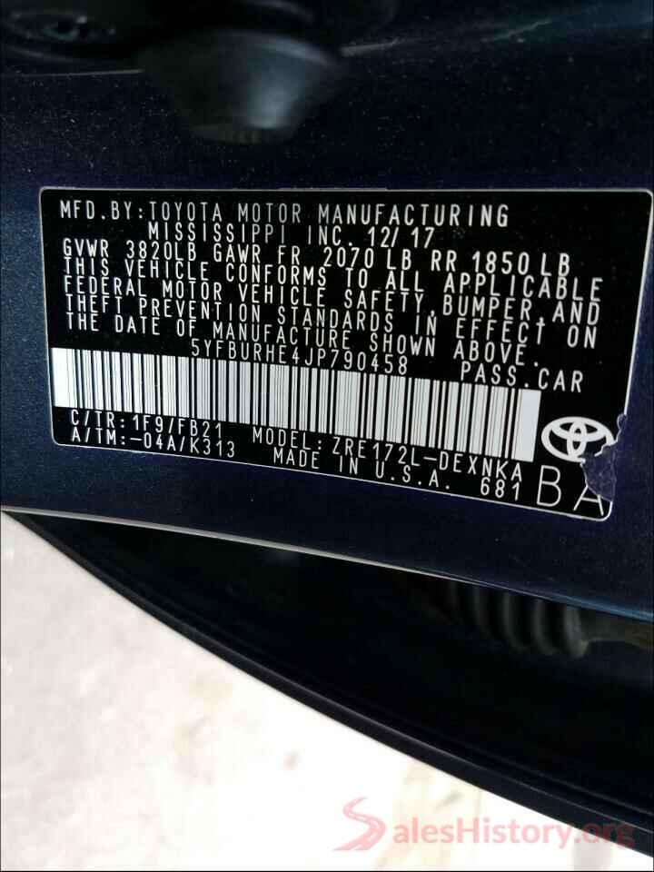 5YFBURHE4JP790458 2018 TOYOTA COROLLA