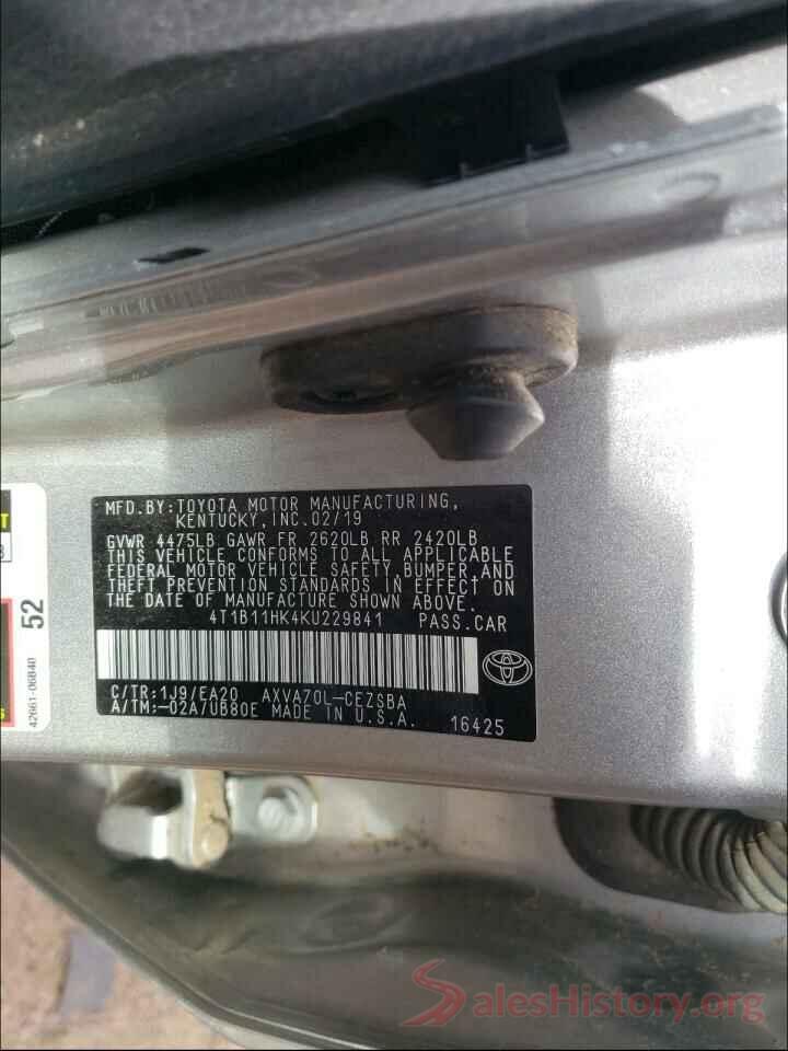 4T1B11HK4KU229841 2019 TOYOTA CAMRY