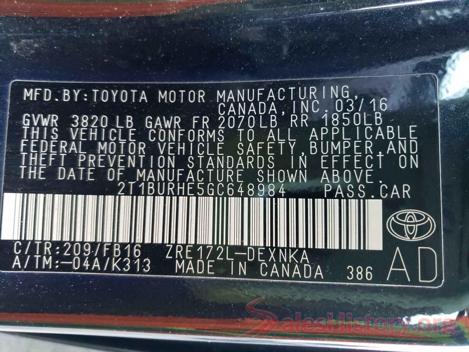 2T1BURHE5GC648984 2016 TOYOTA COROLLA