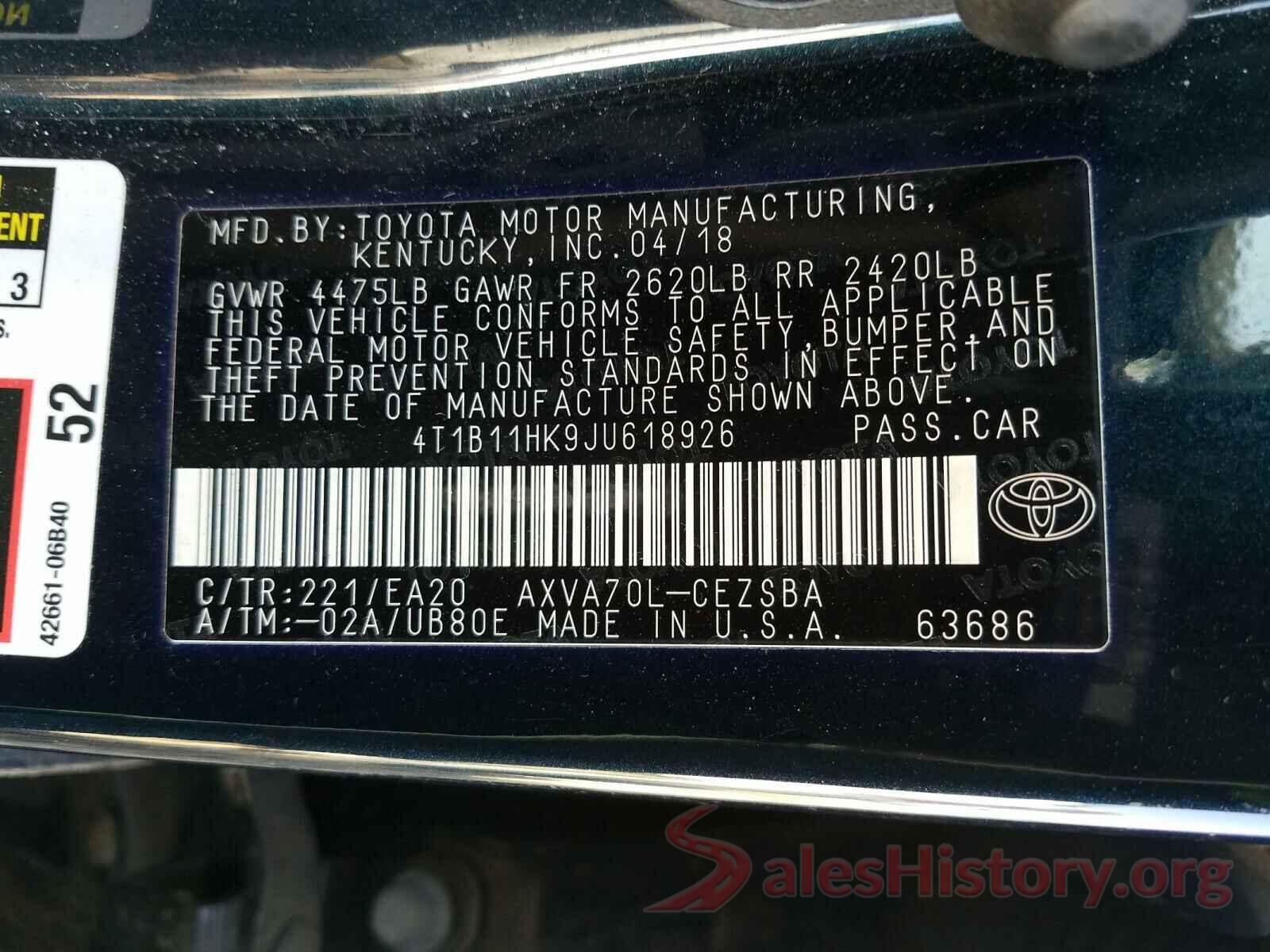 4T1B11HK9JU618926 2018 TOYOTA CAMRY