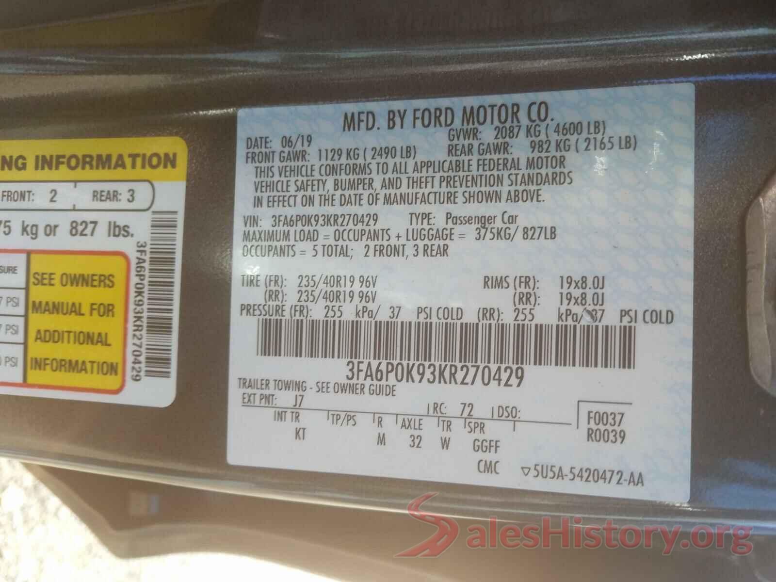 3FA6P0K93KR270429 2019 FORD FUSION