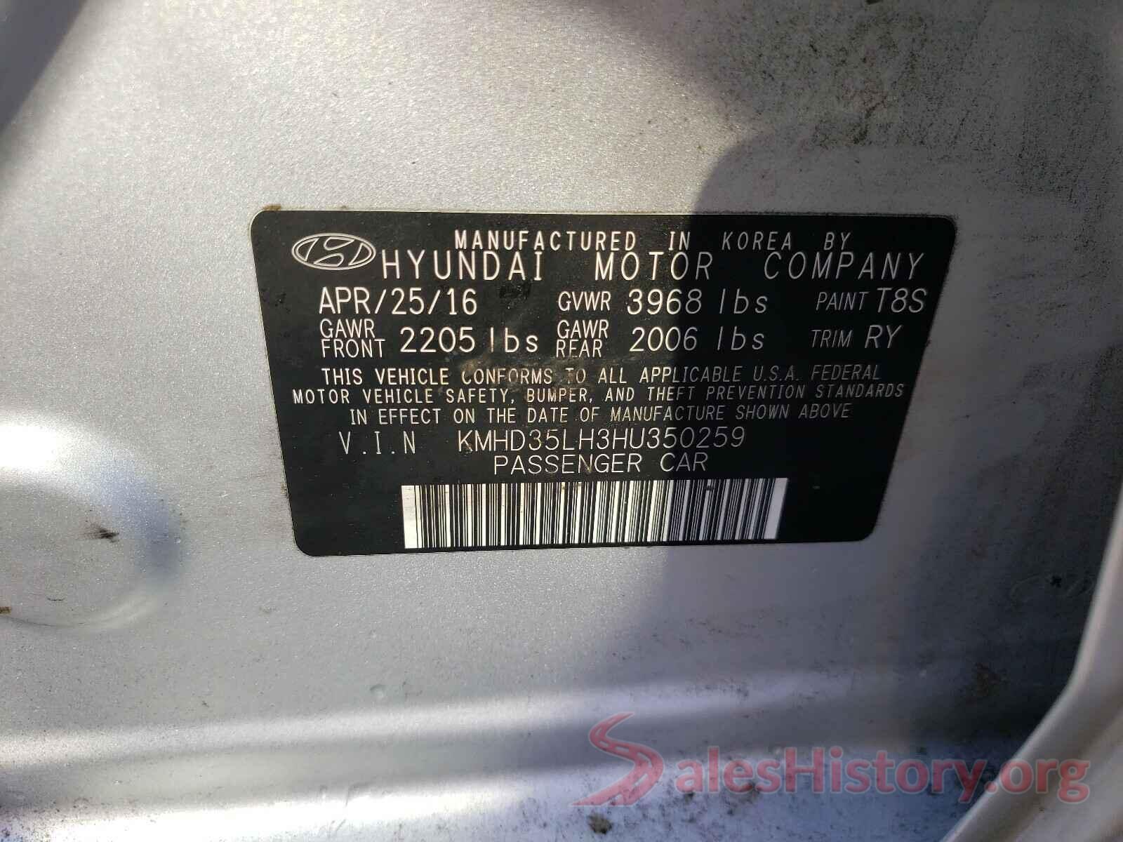 KMHD35LH3HU350259 2017 HYUNDAI ELANTRA