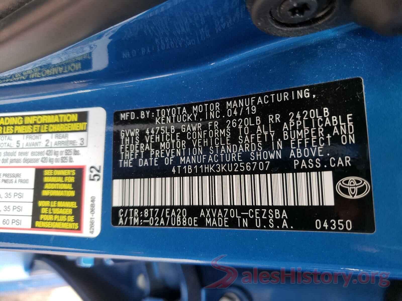 4T1B11HK3KU256707 2019 TOYOTA CAMRY