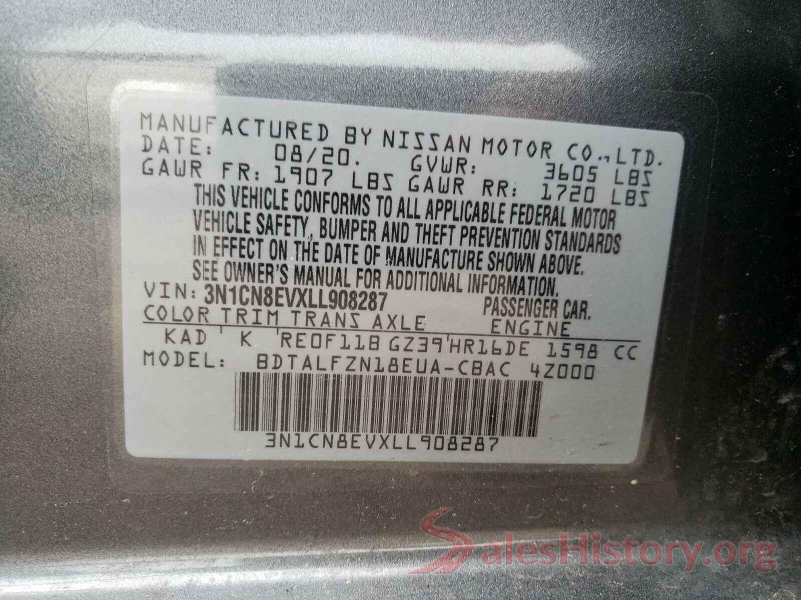 3N1CN8EVXLL908287 2020 NISSAN VERSA