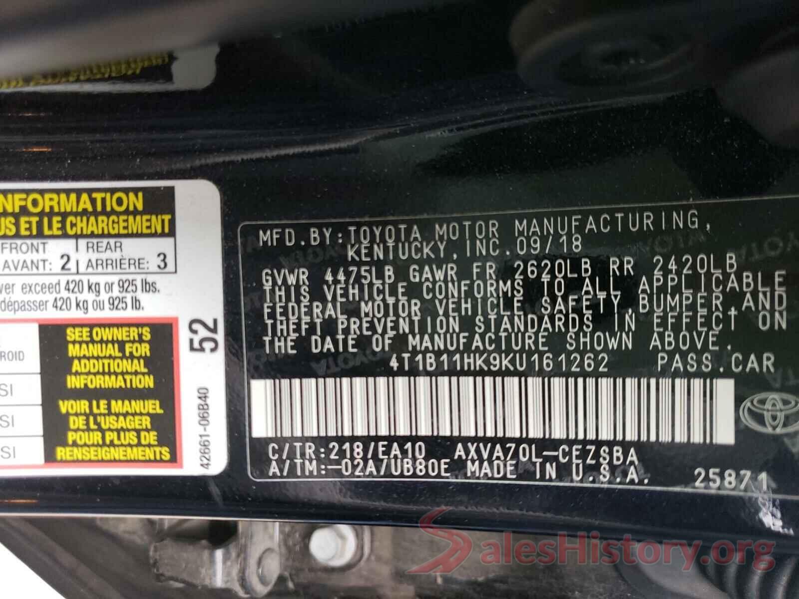 4T1B11HK9KU161262 2019 TOYOTA CAMRY