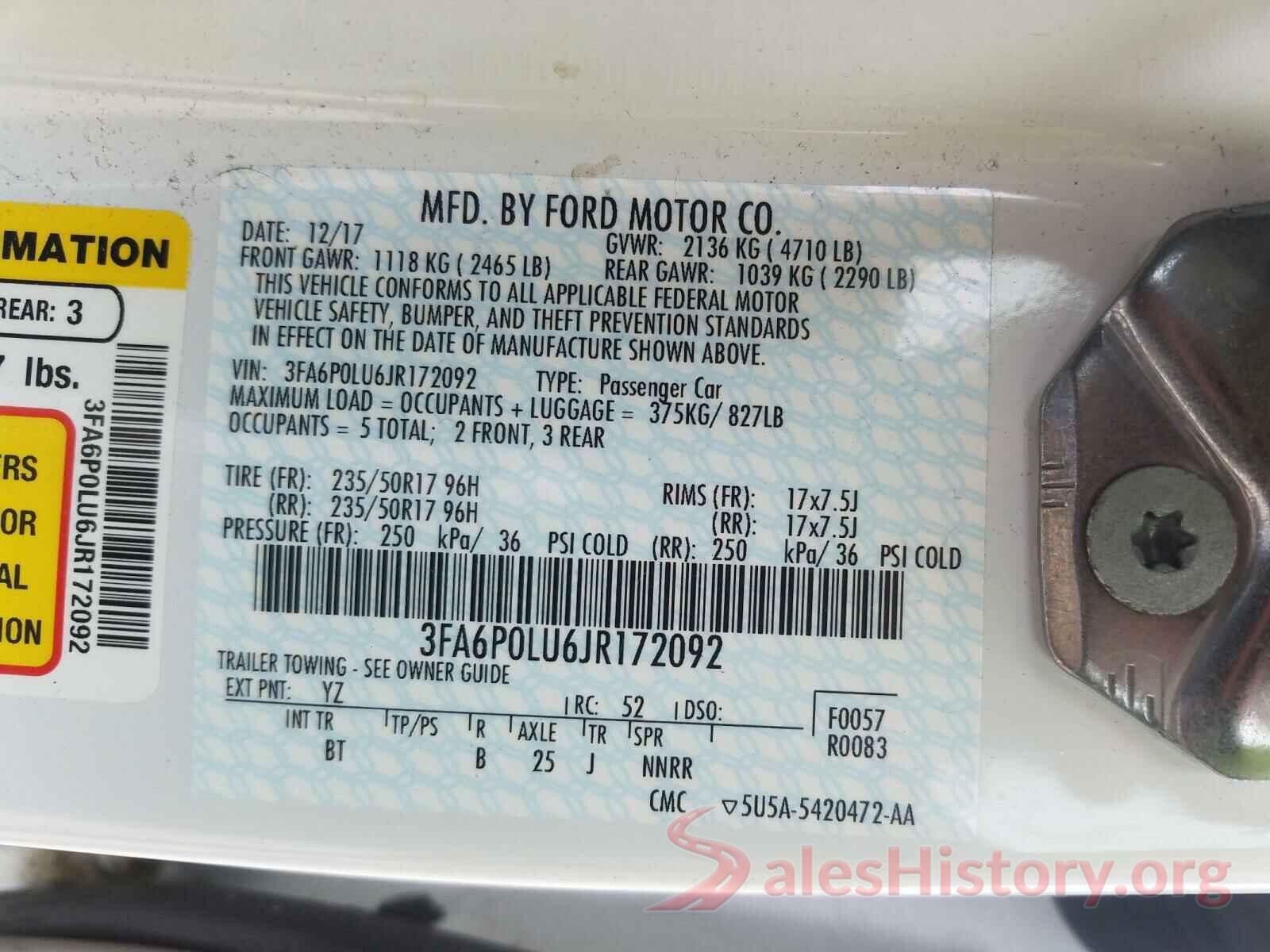 3FA6P0LU6JR172092 2018 FORD FUSION