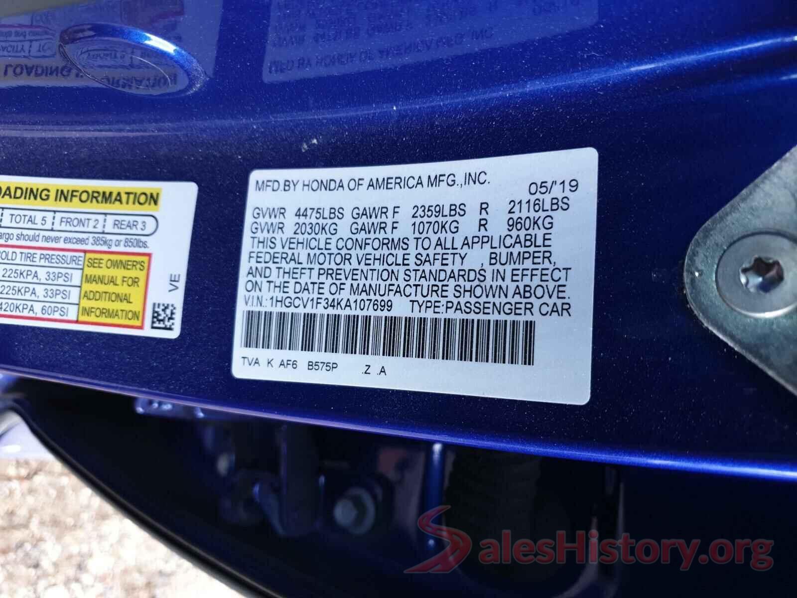 1HGCV1F34KA107699 2019 HONDA ACCORD