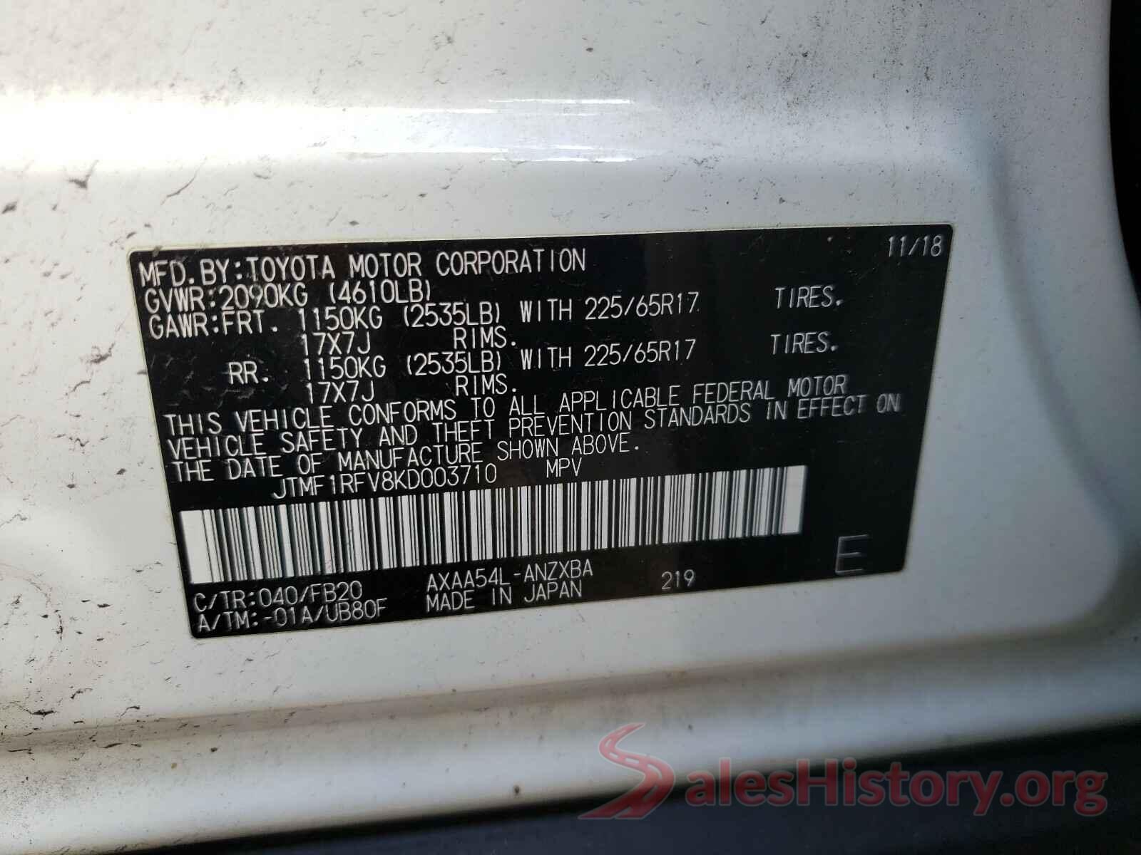 JTMF1RFV8KD003710 2019 TOYOTA RAV4