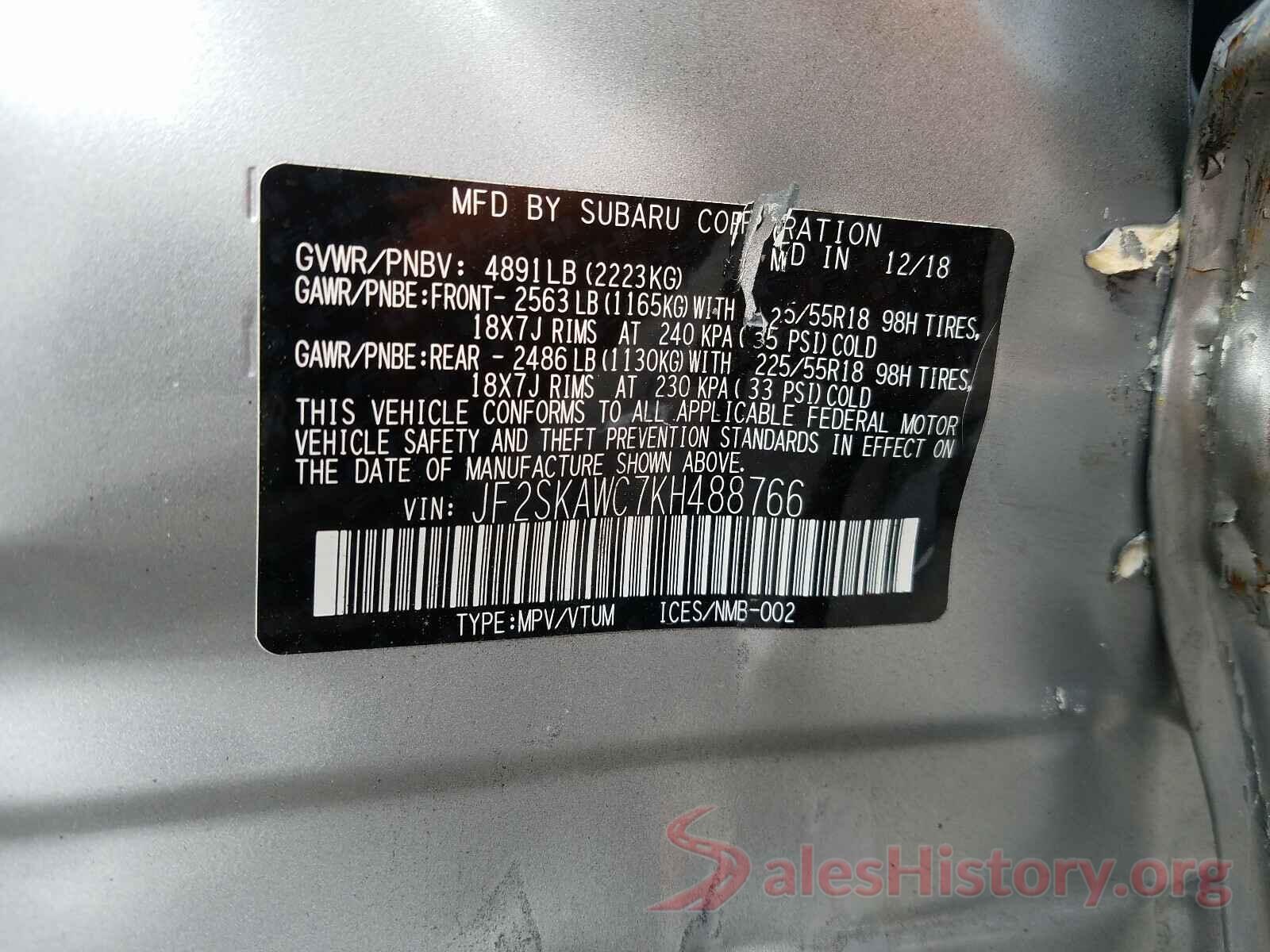 JF2SKAWC7KH488766 2019 SUBARU FORESTER