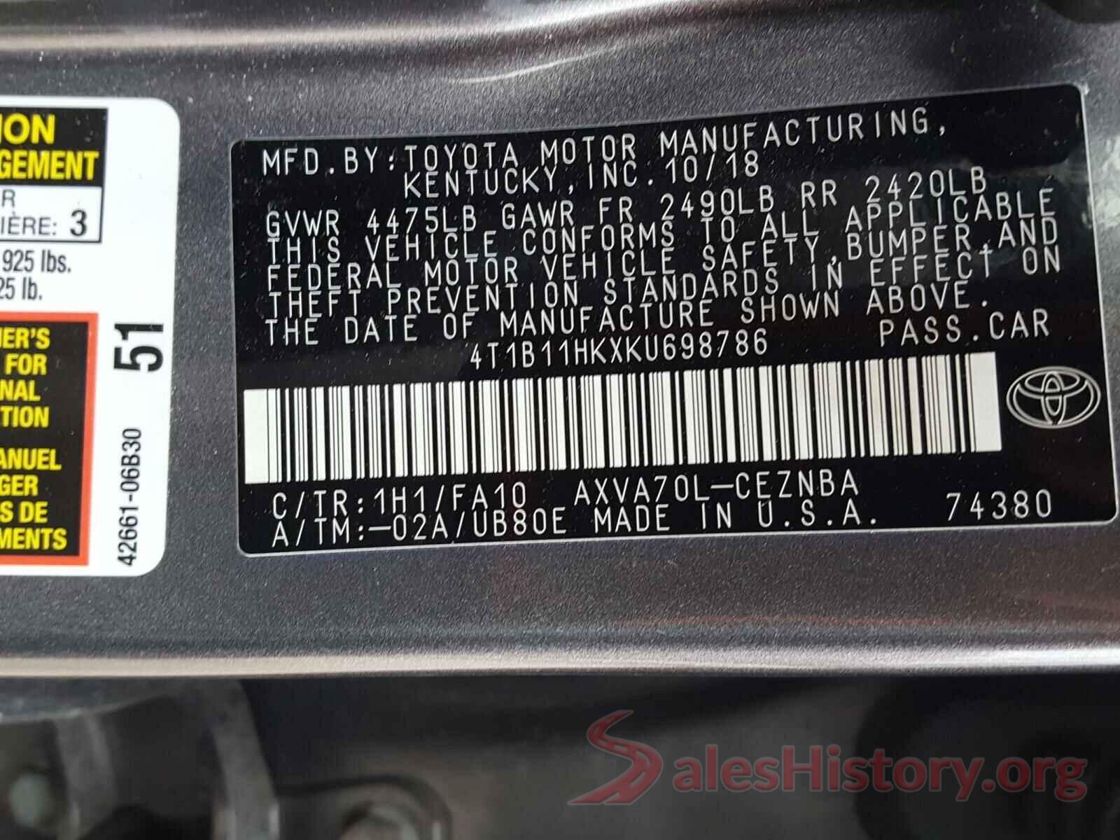 4T1B11HKXKU698786 2019 TOYOTA CAMRY