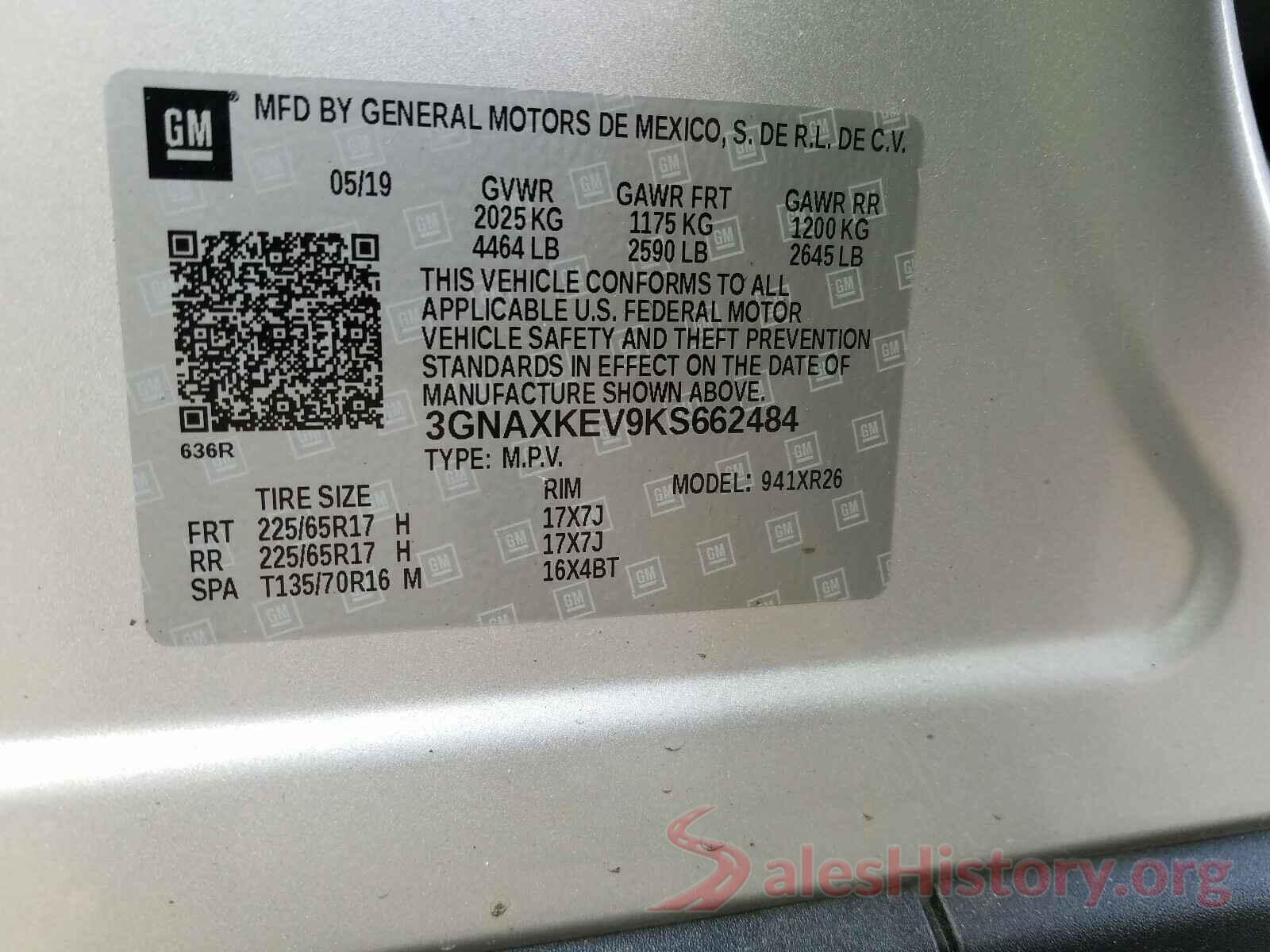 3GNAXKEV9KS662484 2019 CHEVROLET EQUINOX