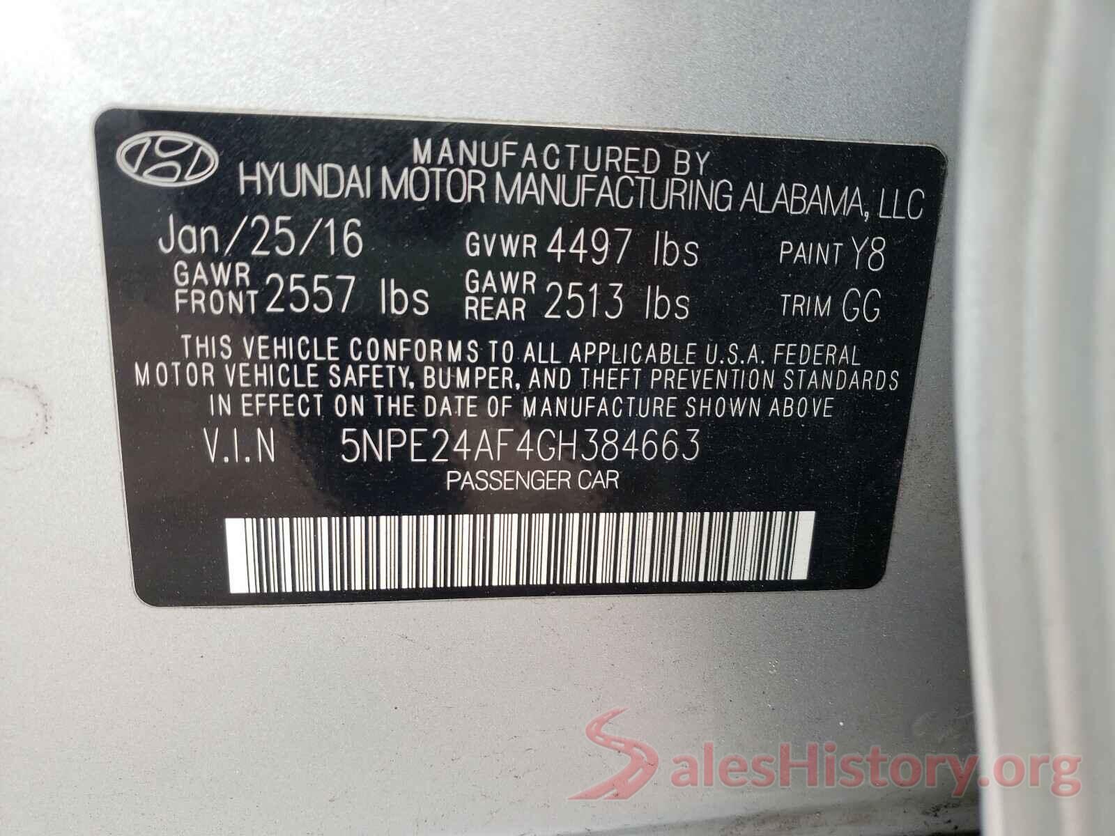 5NPE24AF4GH384663 2016 HYUNDAI SONATA