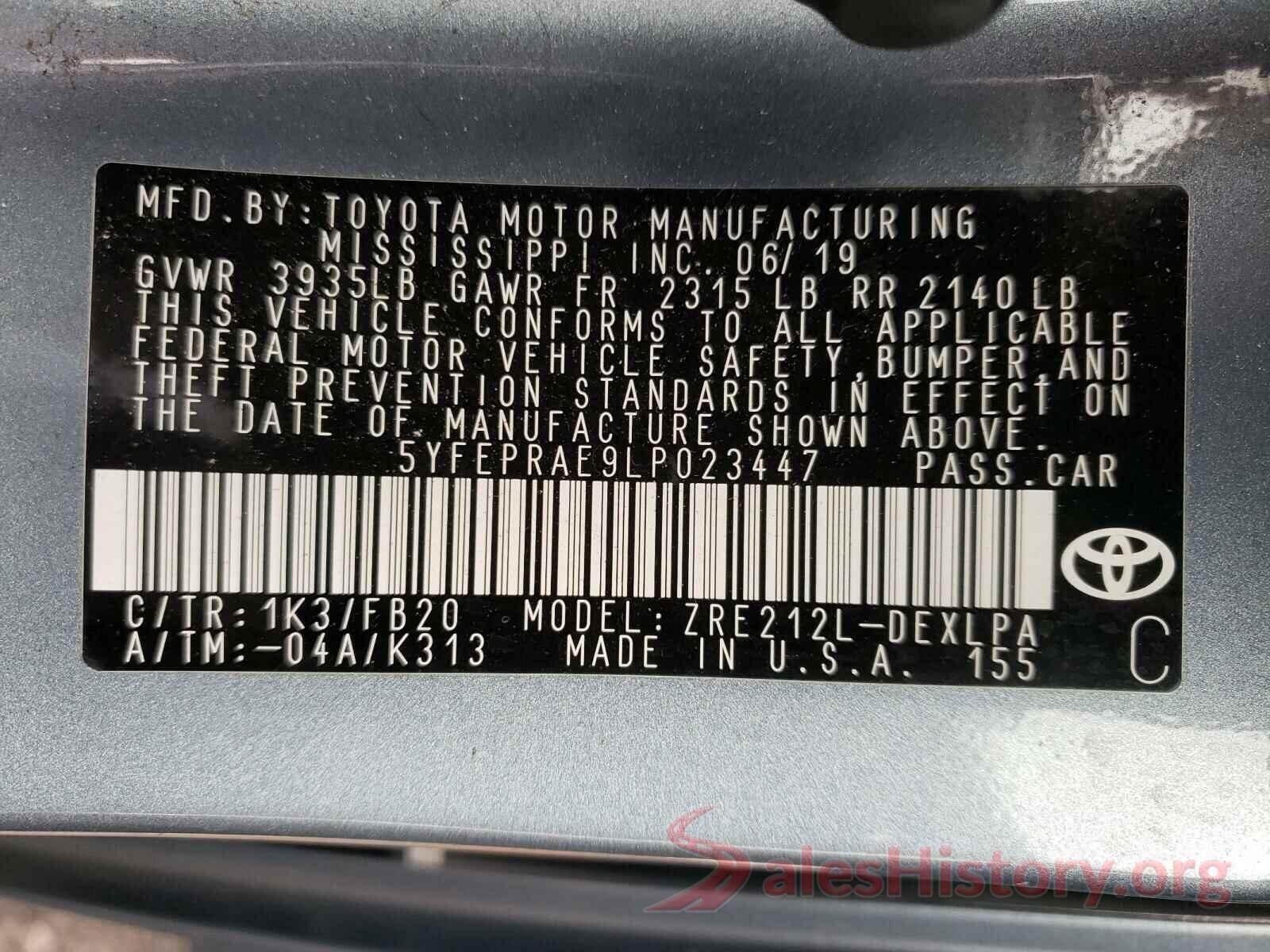 5YFEPRAE9LP023447 2020 TOYOTA COROLLA