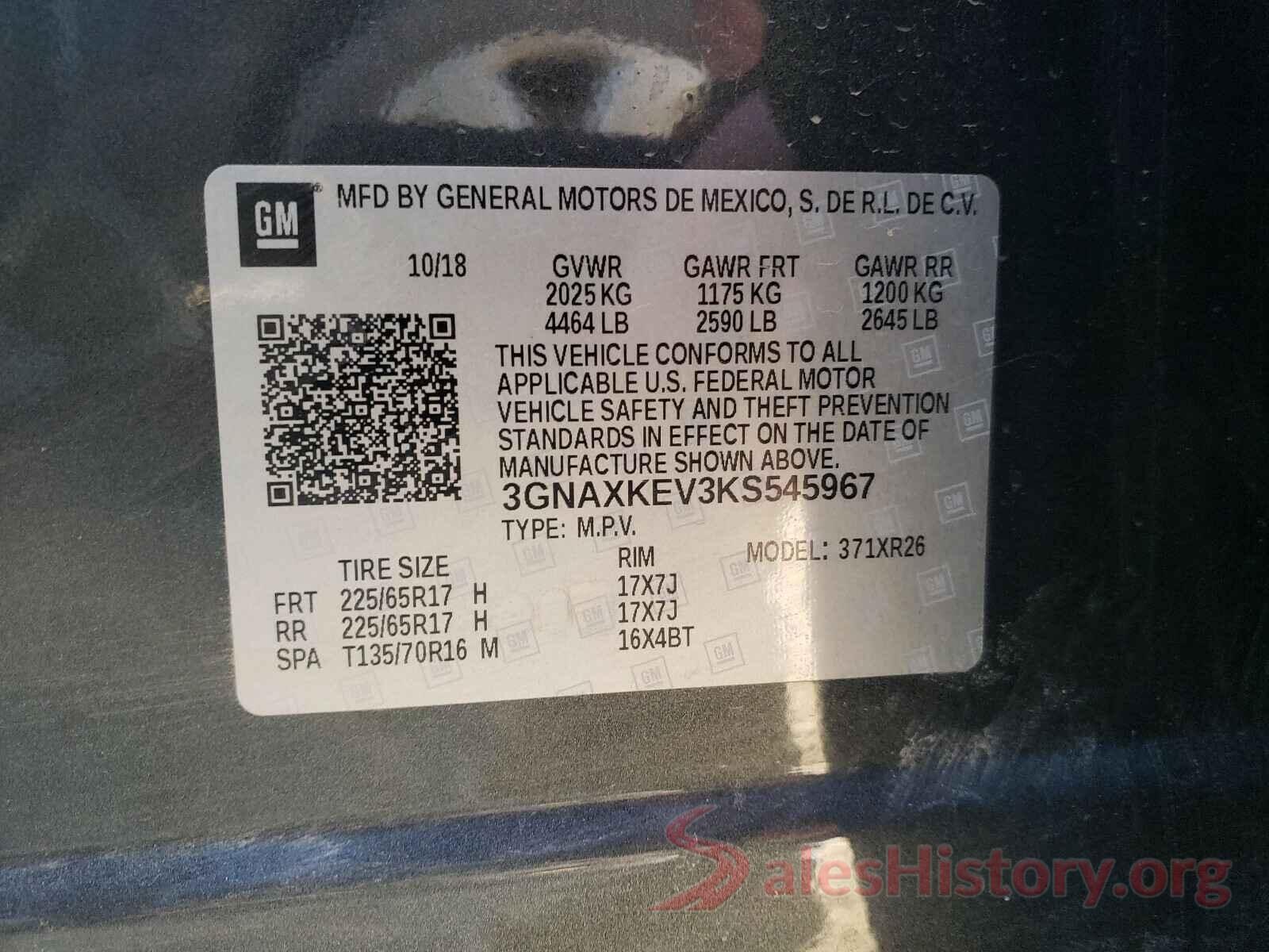 3GNAXKEV3KS545967 2019 CHEVROLET EQUINOX