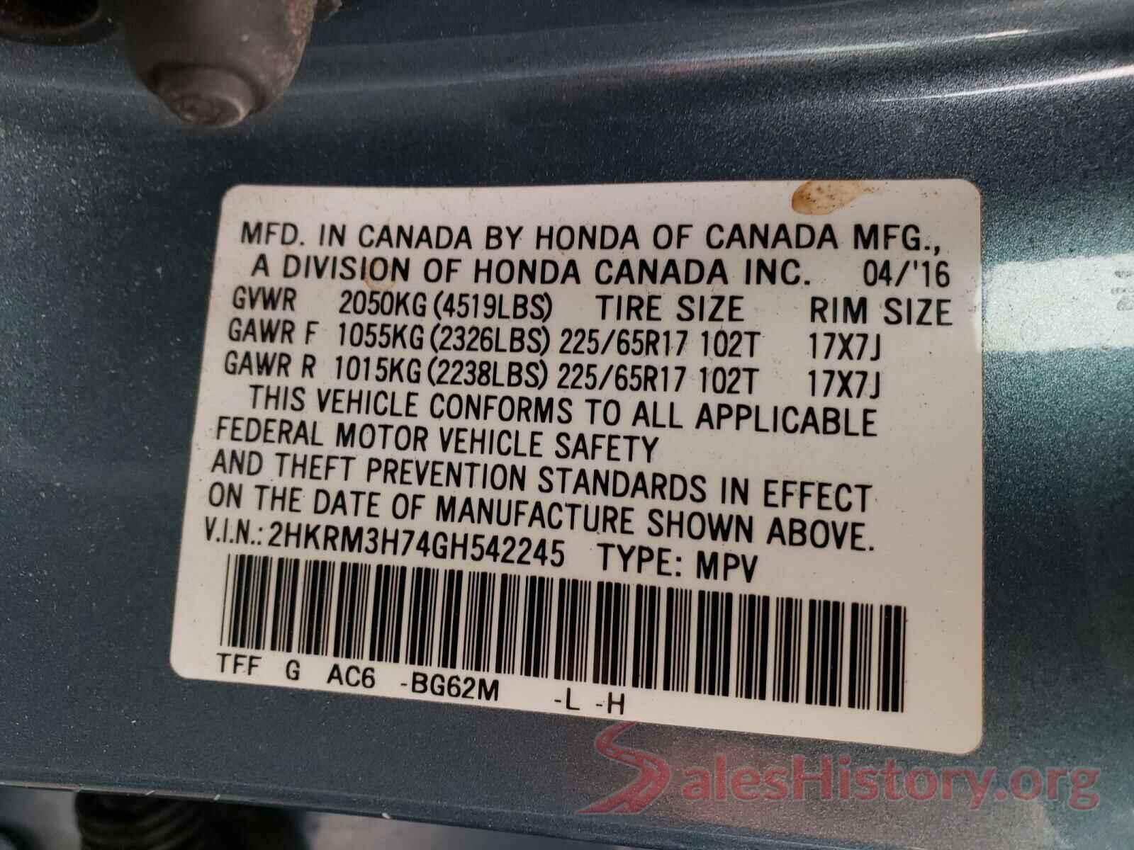 2HKRM3H74GH542245 2016 HONDA CRV