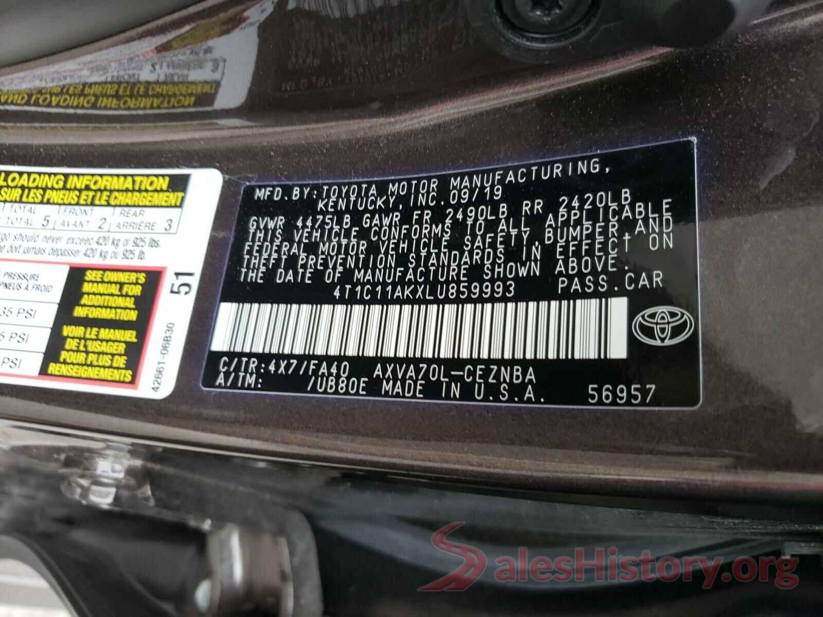 4T1C11AKXLU859993 2020 TOYOTA CAMRY