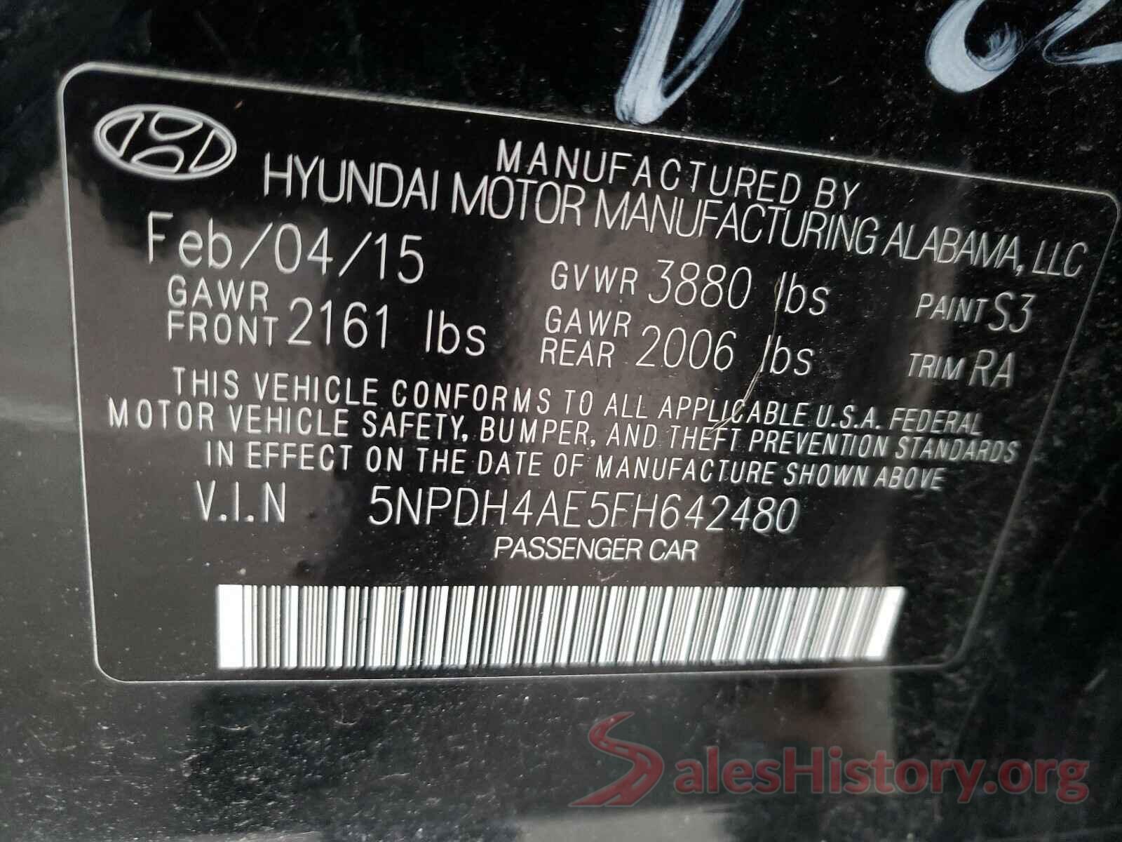 5NPDH4AE5FH642480 2016 HYUNDAI ELANTRA