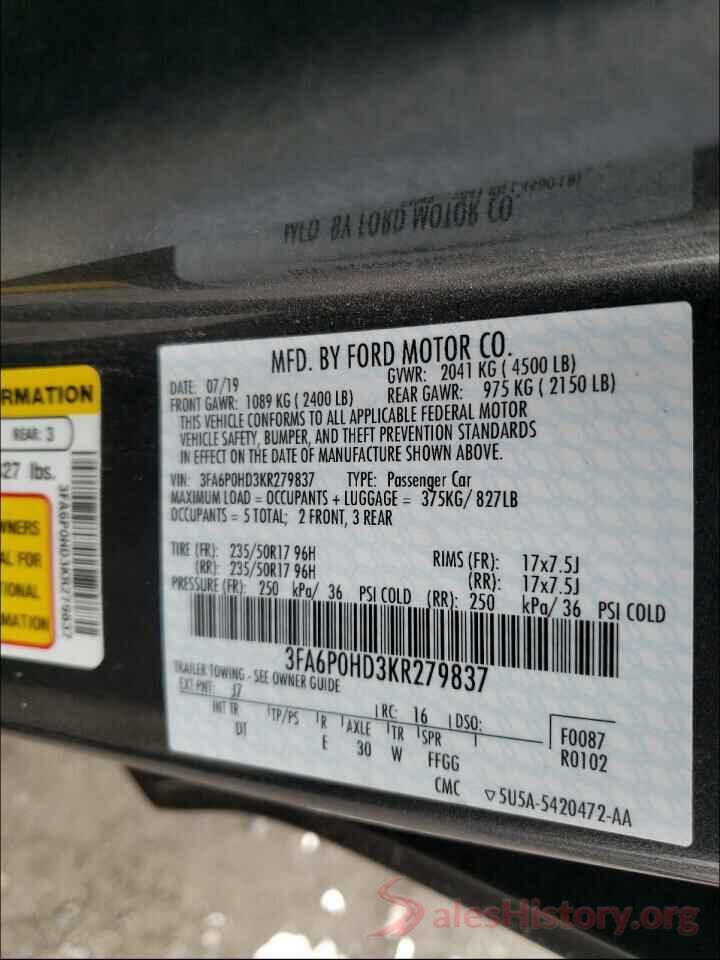 3FA6P0HD3KR279837 2019 FORD FUSION