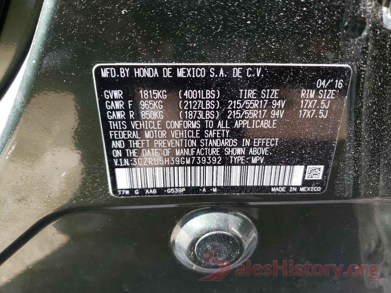 3N1AB7APXGY259617 2016 HONDA HR-V