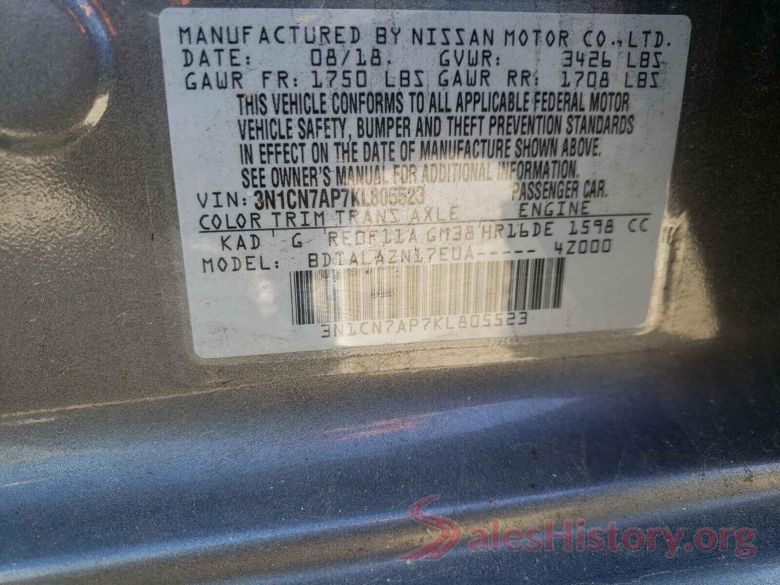 3N1CN7AP7KL805523 2019 NISSAN VERSA